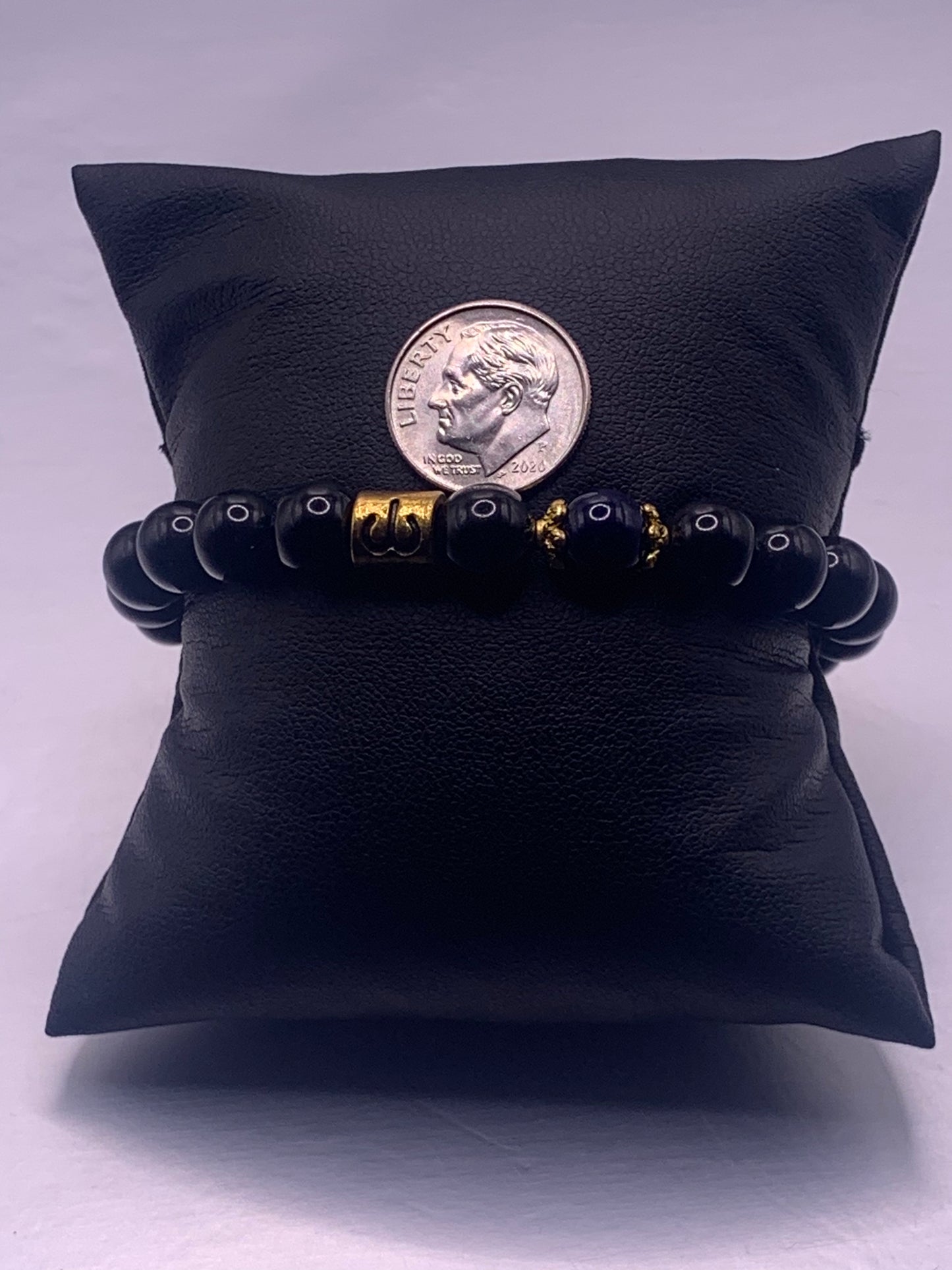 Aries Zodiac black obsidian with blue lace agate semi precious stone/crystal elastic beaded bracelet with gold accents
