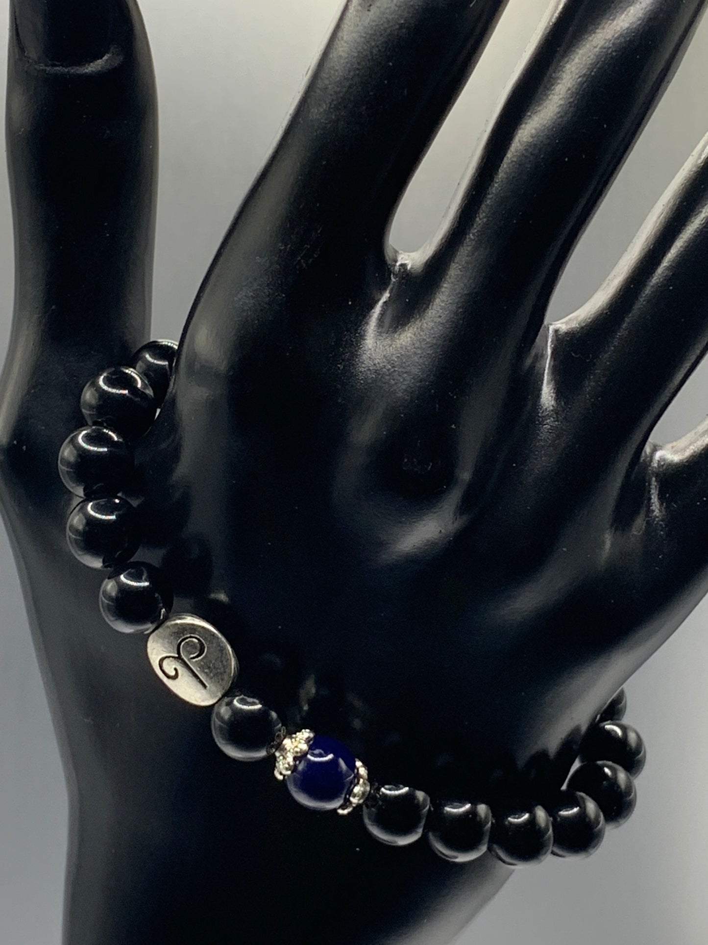 Aries Zodiac black obsidian with blue lace agate semi precious stone/crystal elastic beaded bracelet with silver accents