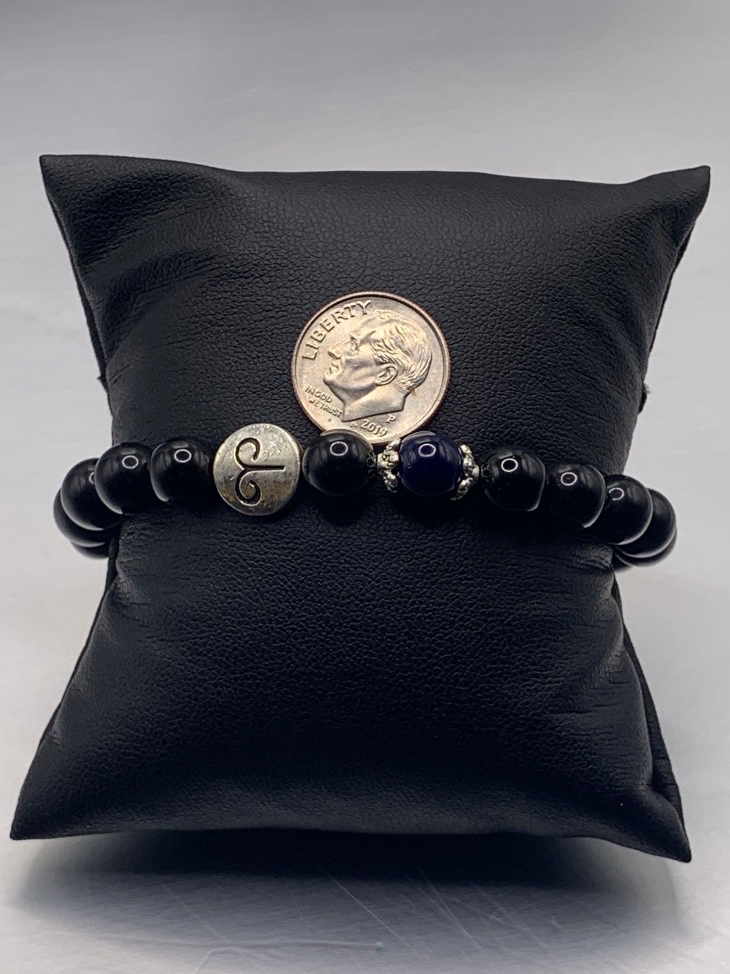 Aries Zodiac black obsidian with blue lace agate semi precious stone/crystal elastic beaded bracelet with silver accents
