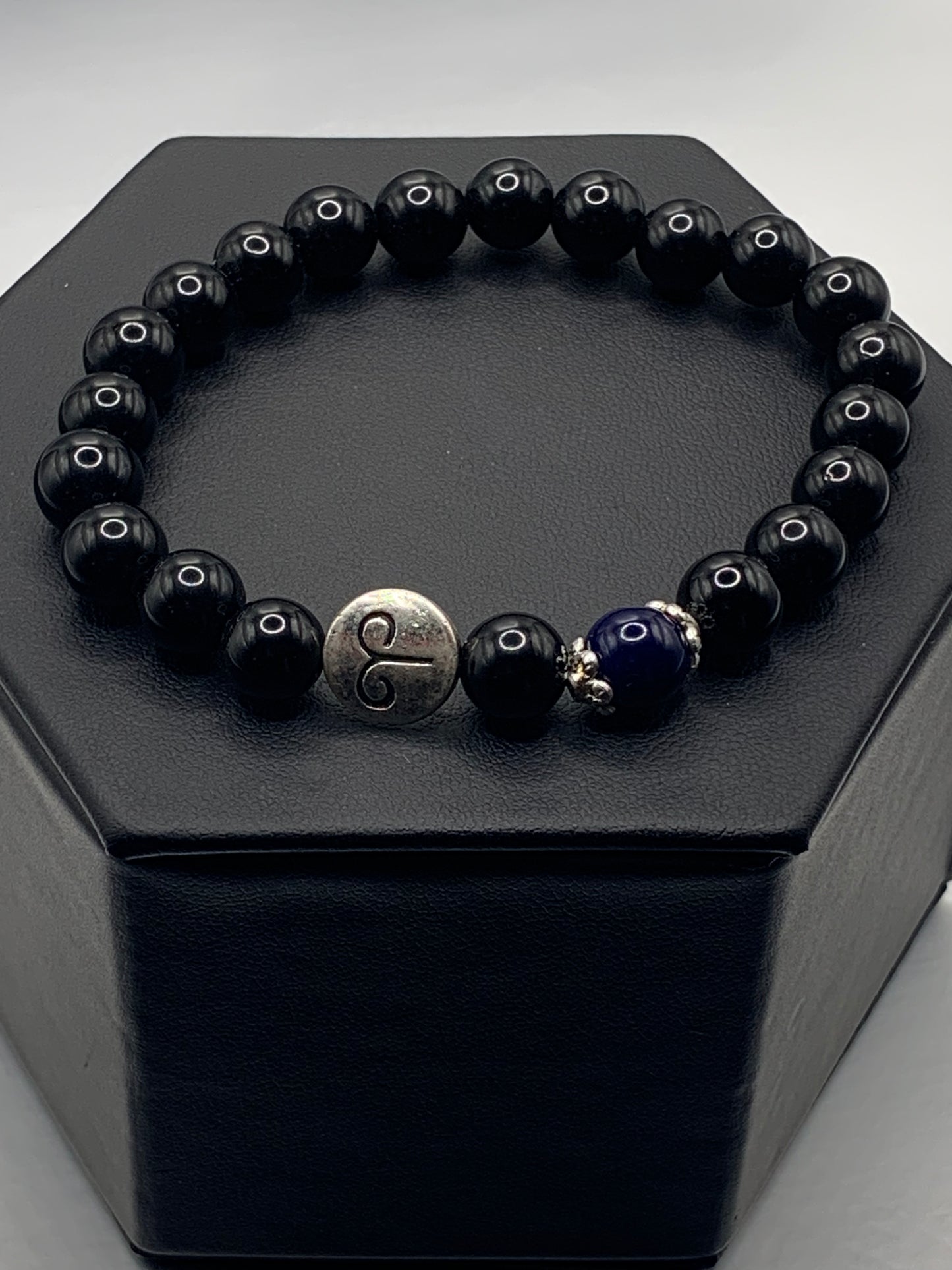 Aries Zodiac black obsidian with blue lace agate semi precious stone/crystal elastic beaded bracelet with silver accents