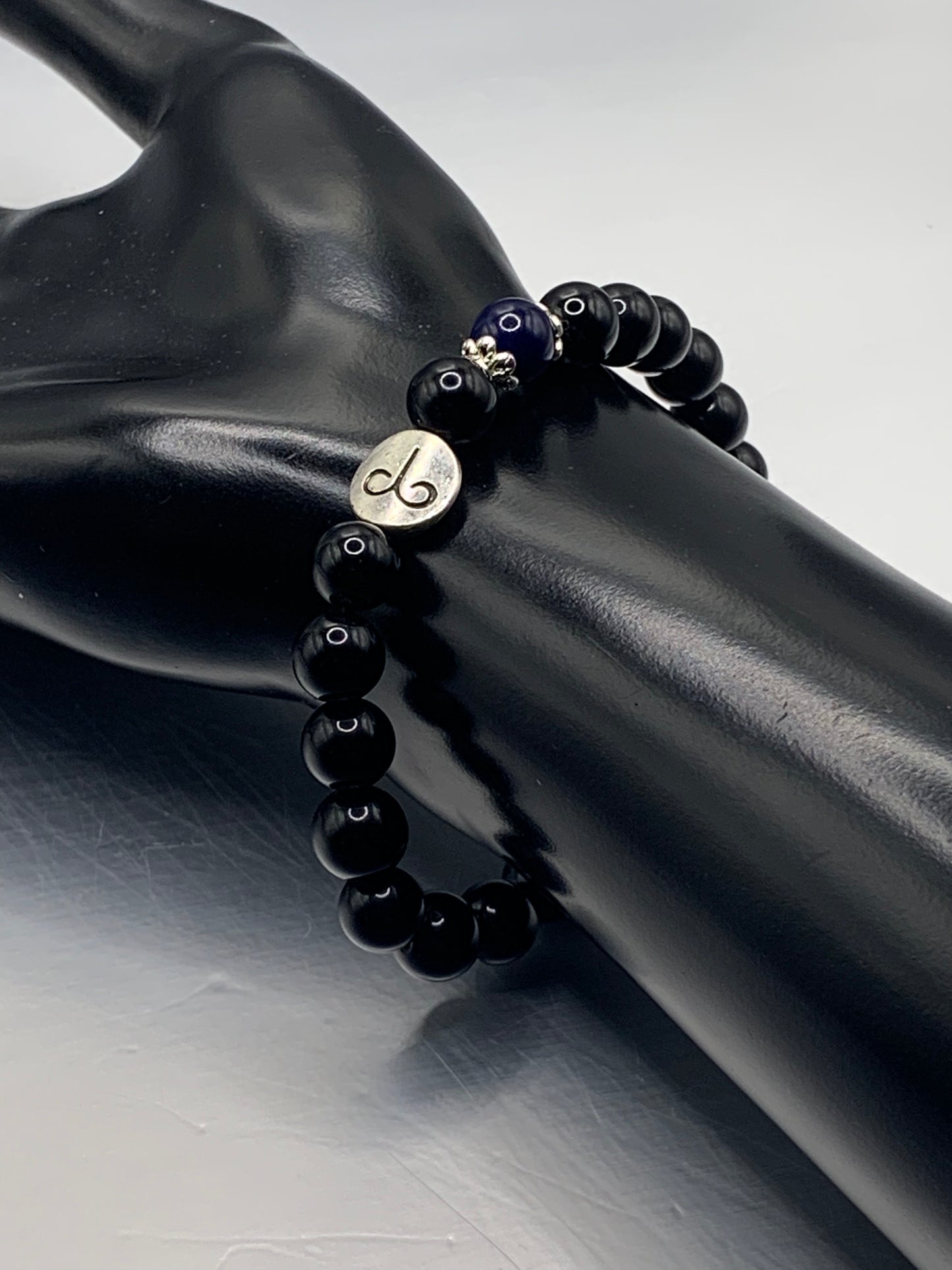 Aries Zodiac black obsidian with blue lace agate semi precious stone/crystal elastic beaded bracelet with silver accents