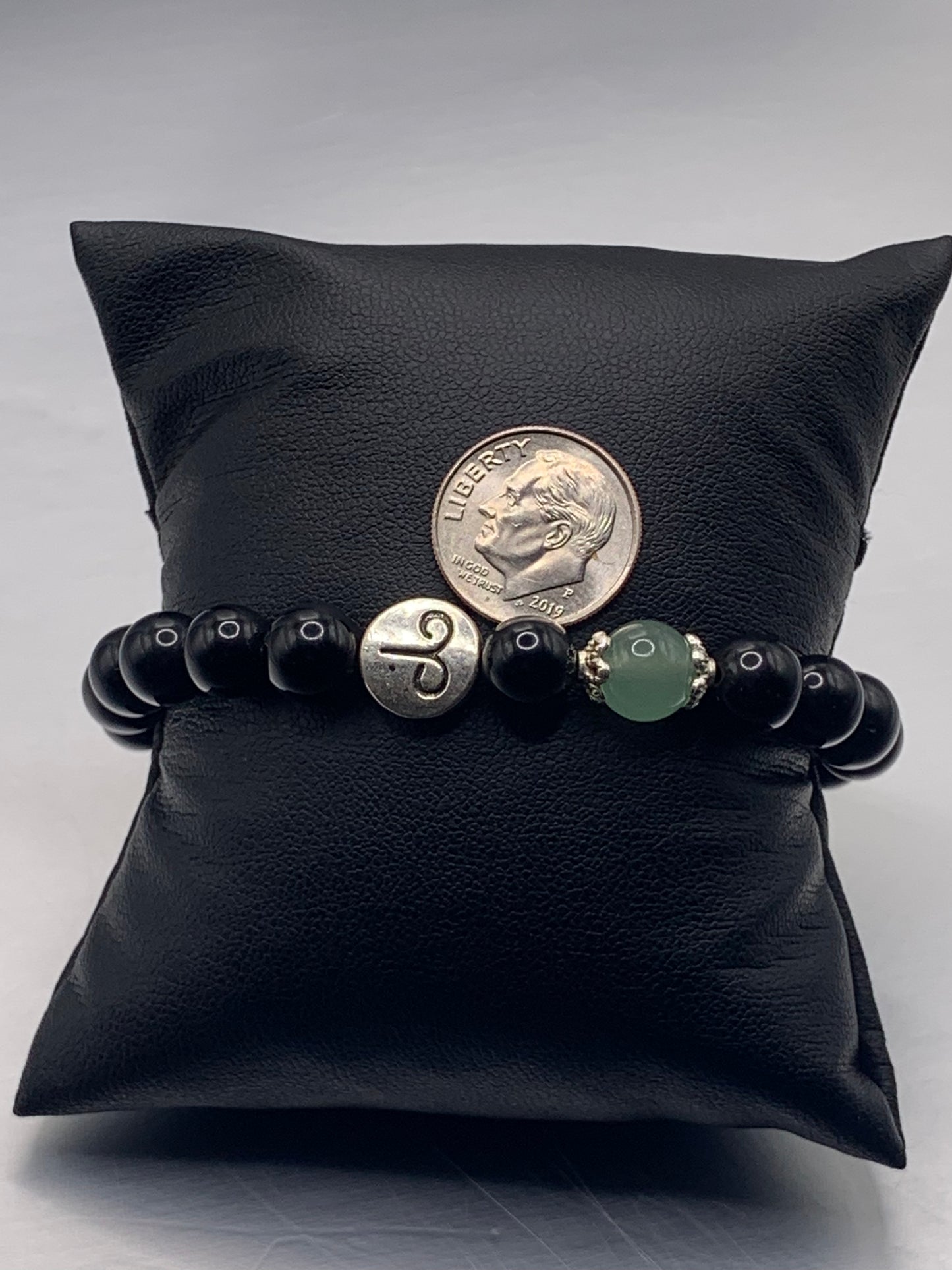 Aries Zodiac black obsidian with green aventurine semi precious stone/crystal elastic beaded bracelet with silver accents