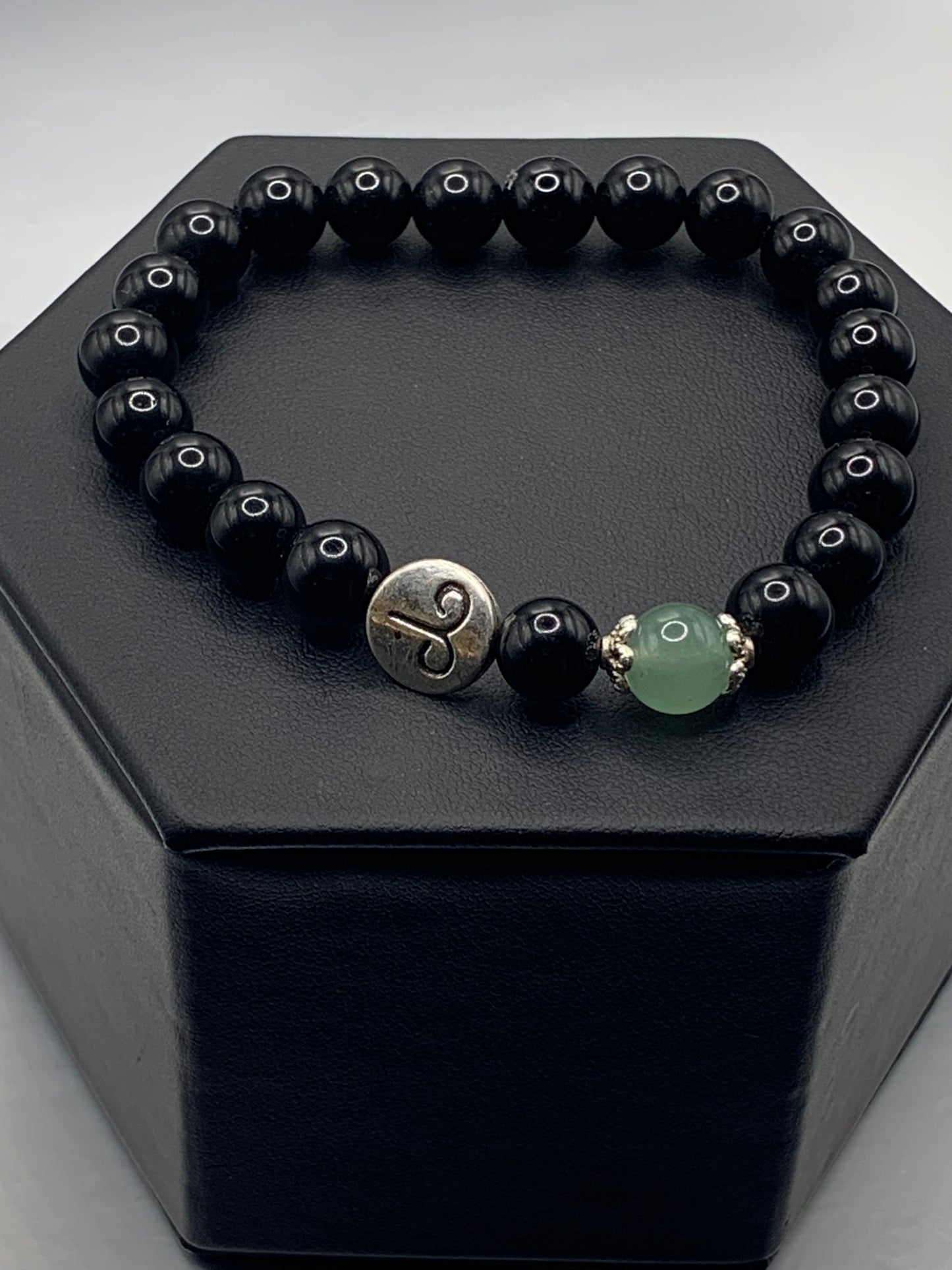 Aries Zodiac black obsidian with green aventurine semi precious stone/crystal elastic beaded bracelet with silver accents
