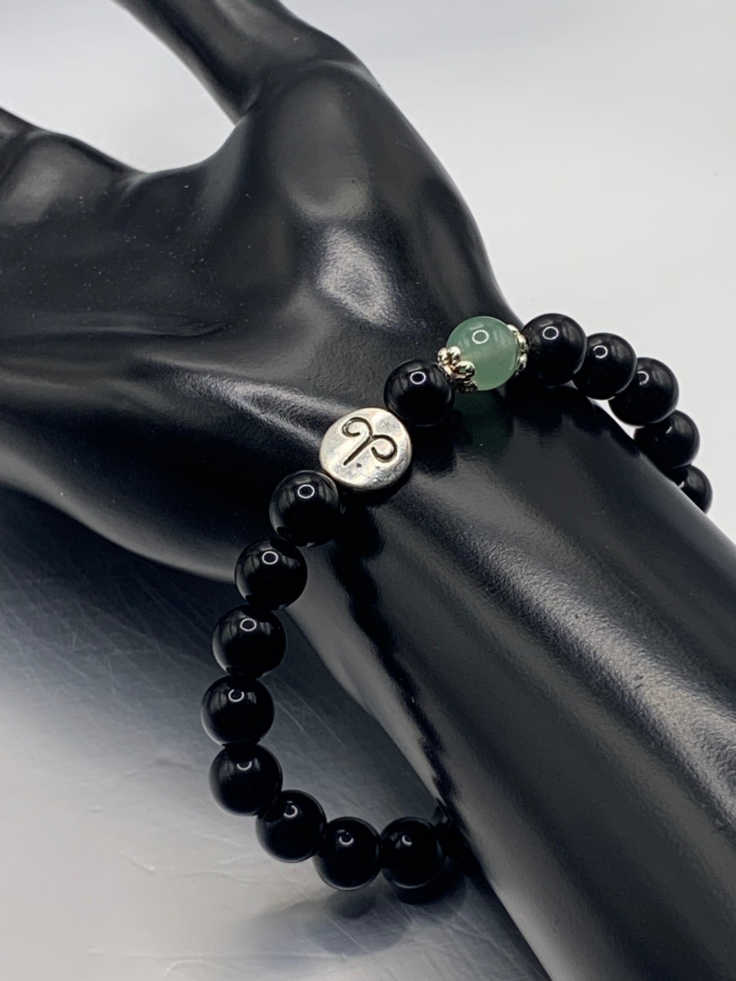 Aries Zodiac black obsidian with green aventurine semi precious stone/crystal elastic beaded bracelet with silver accents