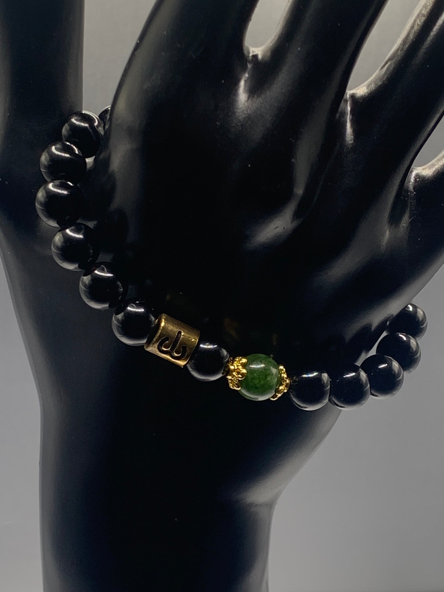Aries Zodiac black obsidian with green tourmaline semi precious stone/crystal elastic beaded bracelet with gold accents