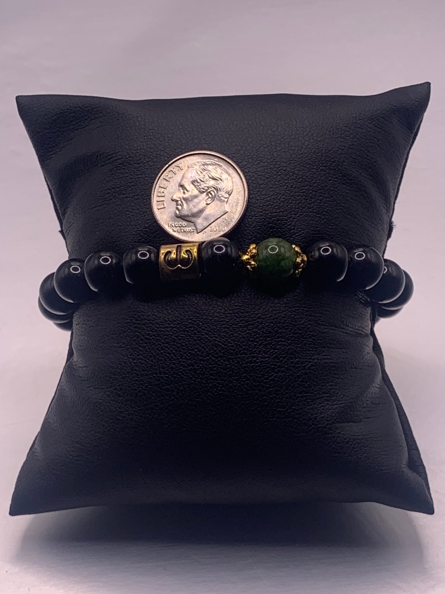 Aries Zodiac black obsidian with green tourmaline semi precious stone/crystal elastic beaded bracelet with gold accents
