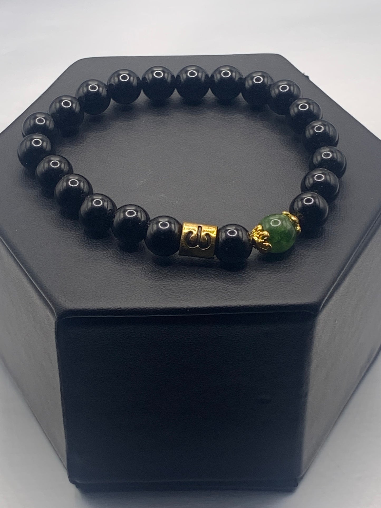 Aries Zodiac black obsidian with green tourmaline semi precious stone/crystal elastic beaded bracelet with gold accents