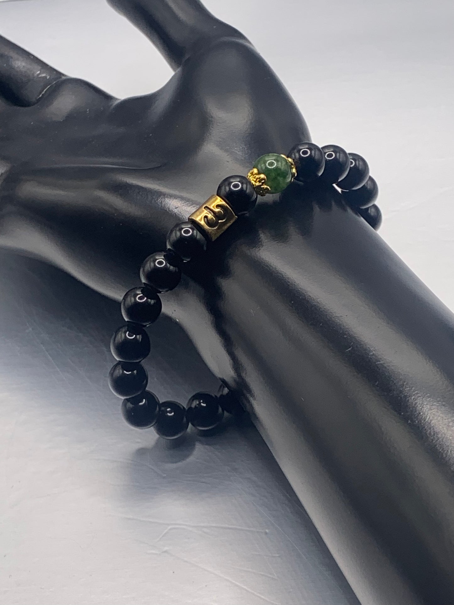 Aries Zodiac black obsidian with green tourmaline semi precious stone/crystal elastic beaded bracelet with gold accents