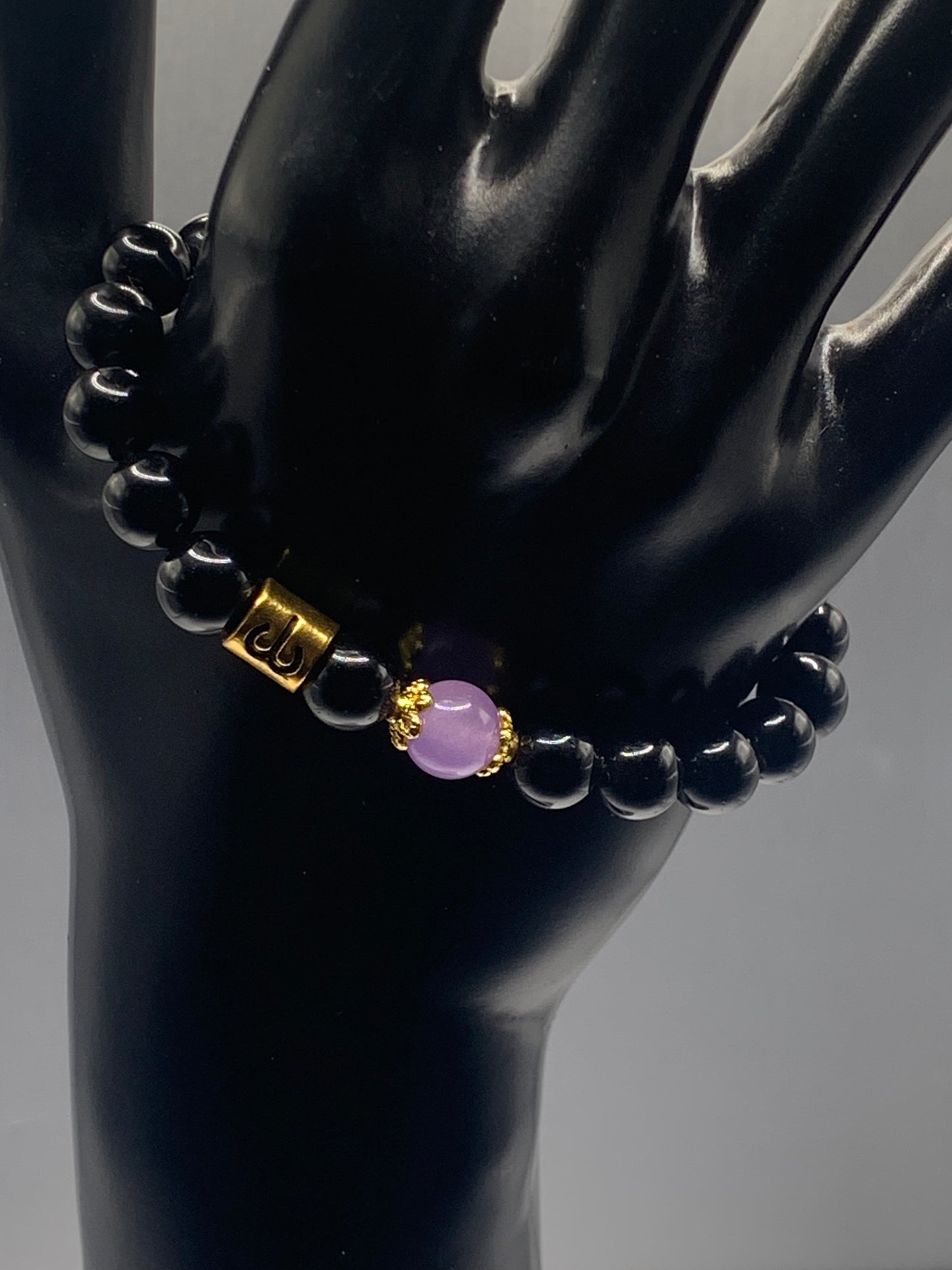 Aries Zodiac black obsidian with lavender agate semi precious stone/crystal elastic beaded bracelet with gold accents