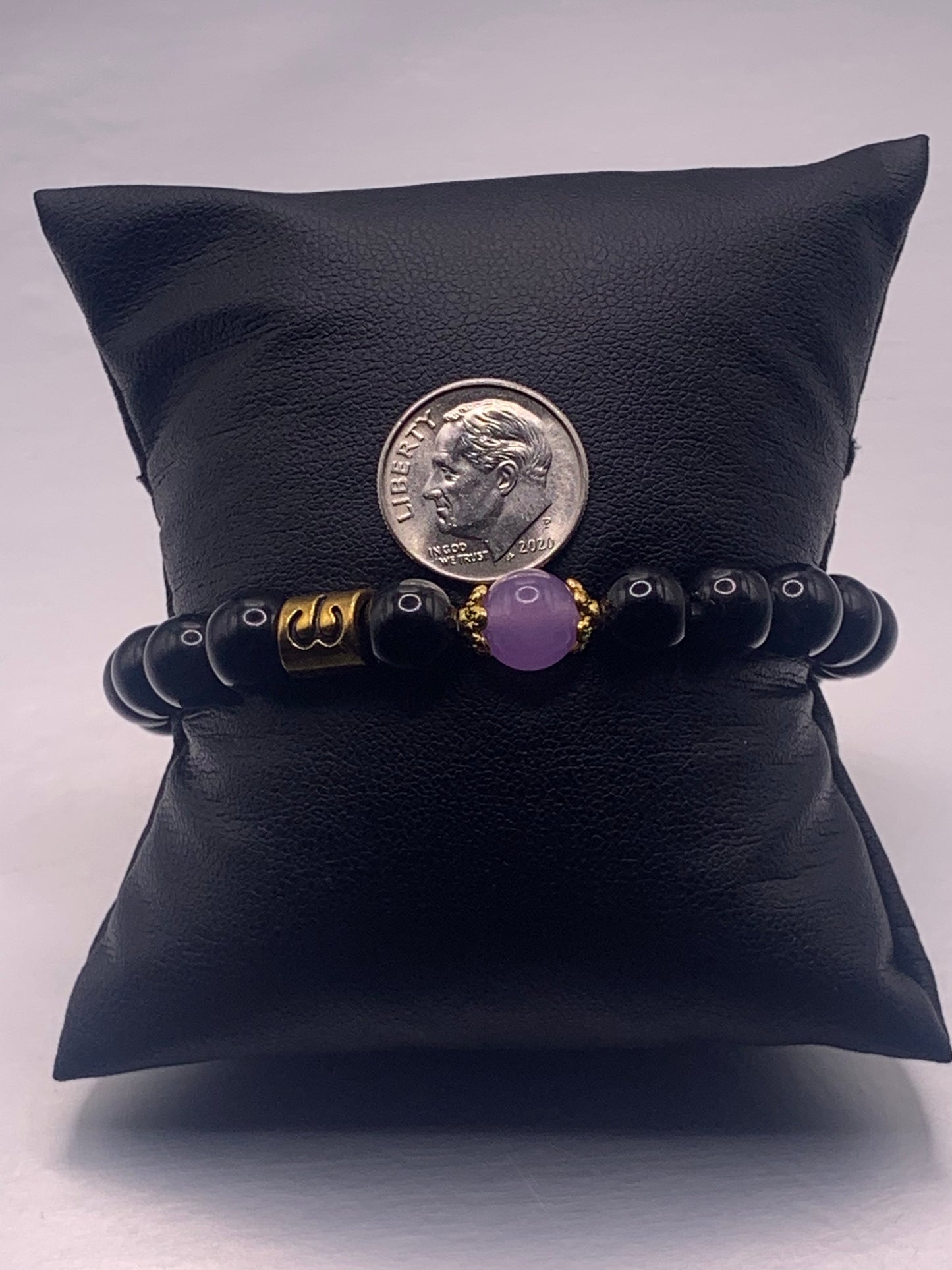 Aries Zodiac black obsidian with lavender agate semi precious stone/crystal elastic beaded bracelet with gold accents