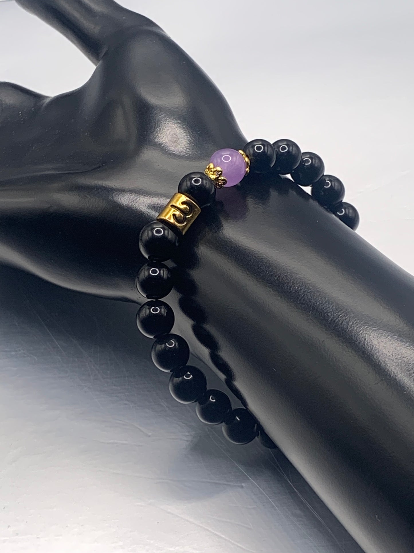 Aries Zodiac black obsidian with lavender agate semi precious stone/crystal elastic beaded bracelet with gold accents