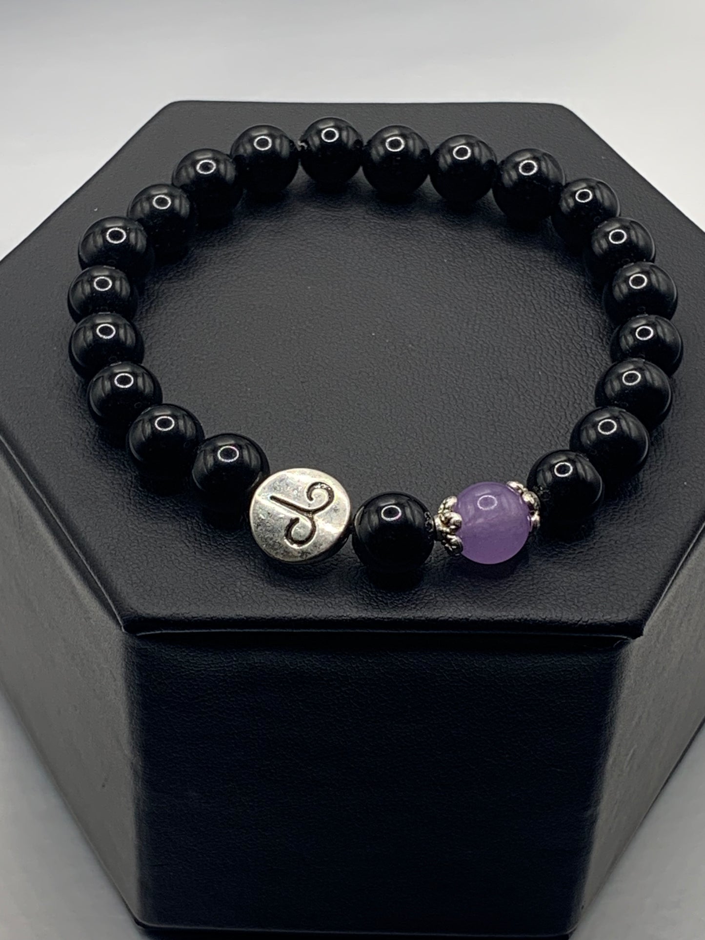 Aries Zodiac black obsidian with lavender agate semi precious stone/crystal elastic beaded bracelet with silver accents