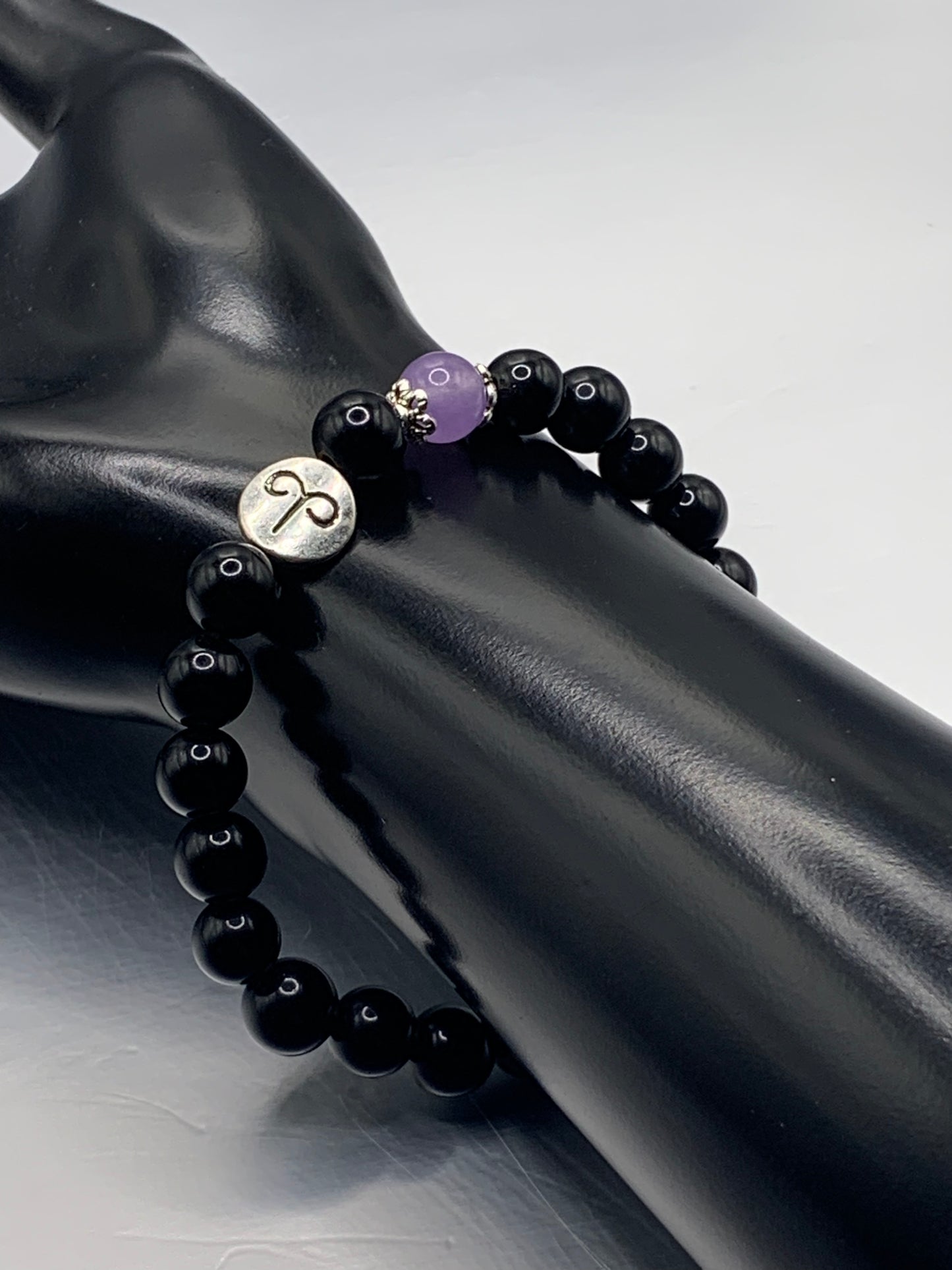 Aries Zodiac black obsidian with lavender agate semi precious stone/crystal elastic beaded bracelet with silver accents