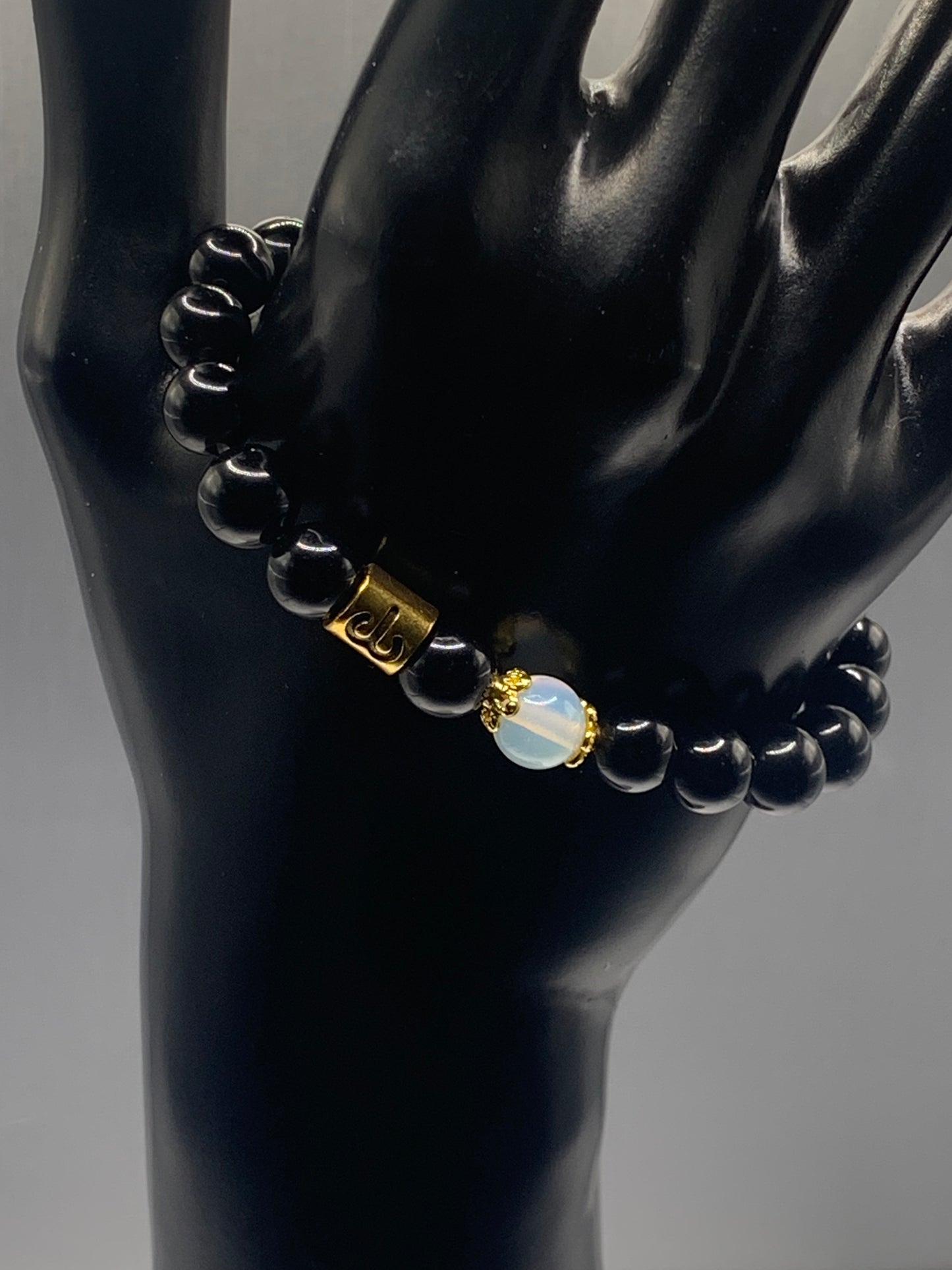 Aries Zodiac black obsidian with opalite semi precious stone/crystal elastic beaded bracelet with gold accents
