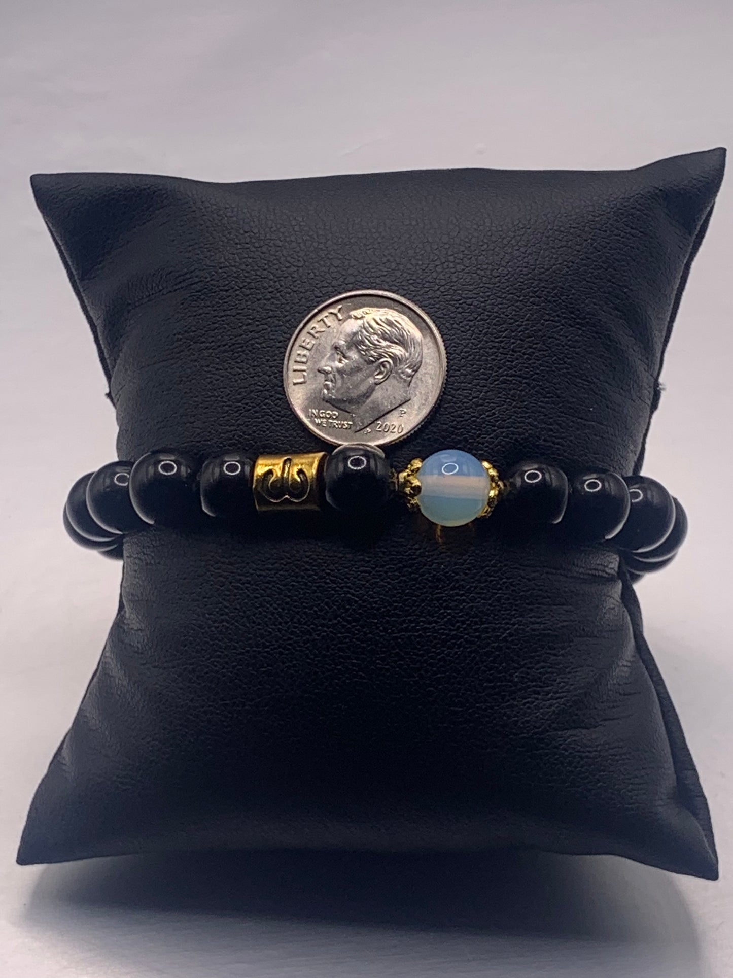 Aries Zodiac black obsidian with opalite semi precious stone/crystal elastic beaded bracelet with gold accents
