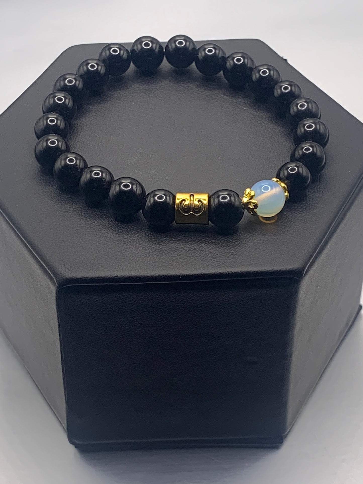 Aries Zodiac black obsidian with opalite semi precious stone/crystal elastic beaded bracelet with gold accents