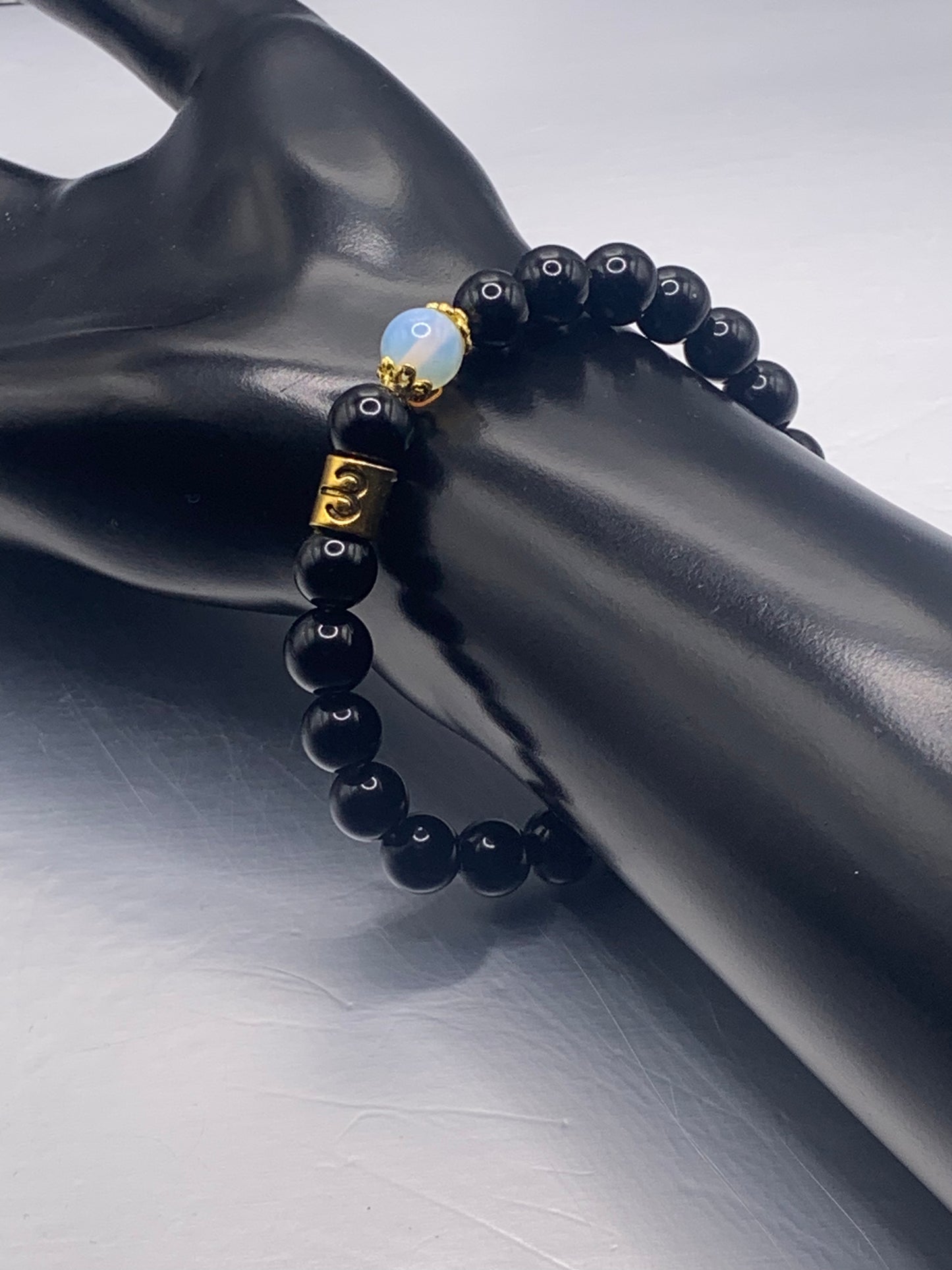Aries Zodiac black obsidian with opalite semi precious stone/crystal elastic beaded bracelet with gold accents