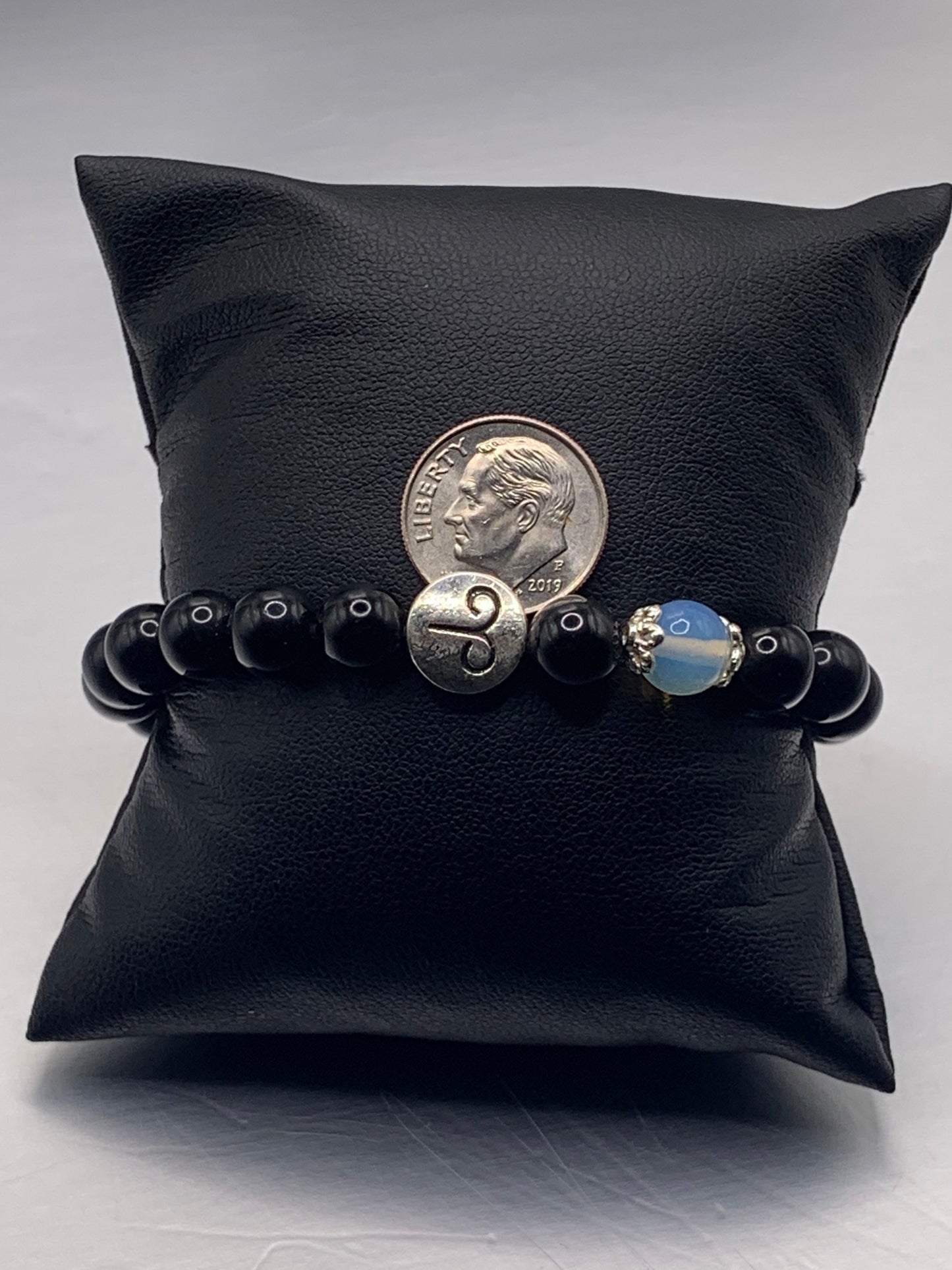 Aries Zodiac black obsidian with opalite semi precious stone/crystal elastic beaded bracelet with silver accents