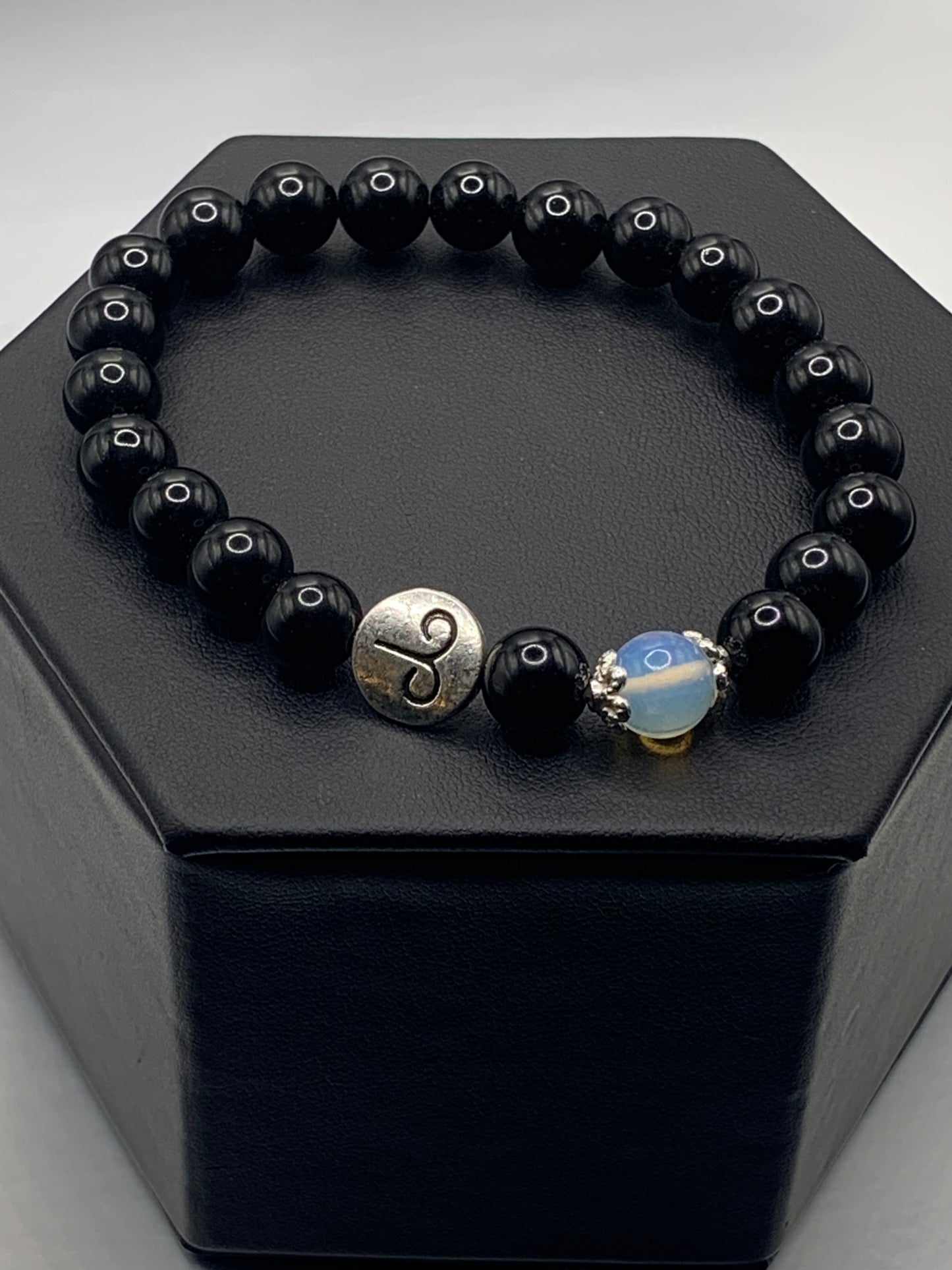Aries Zodiac black obsidian with opalite semi precious stone/crystal elastic beaded bracelet with silver accents
