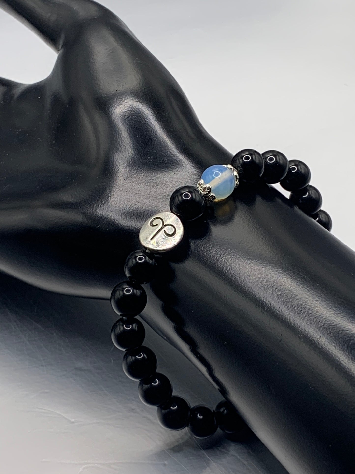 Aries Zodiac black obsidian with opalite semi precious stone/crystal elastic beaded bracelet with silver accents