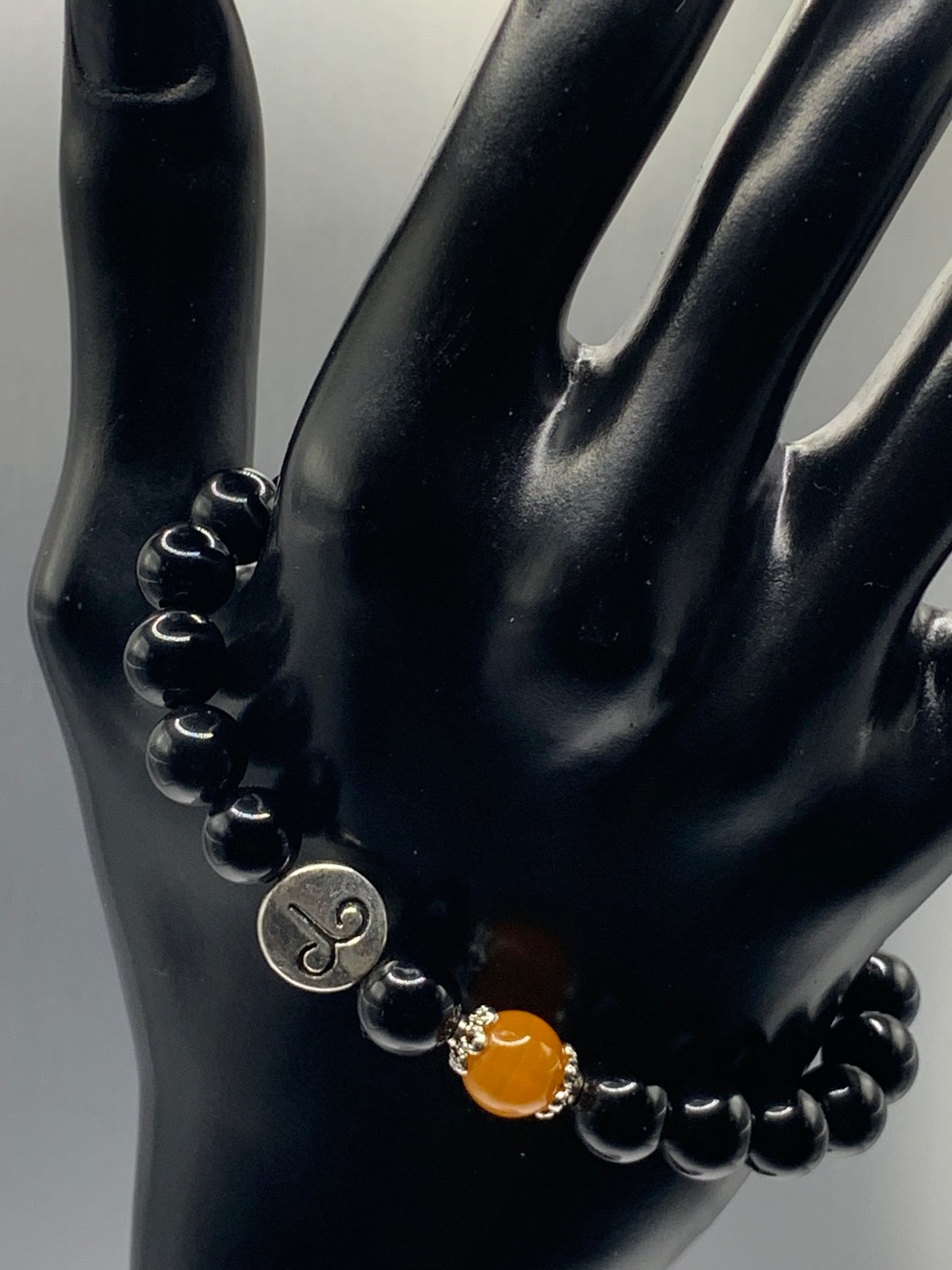 Aries Zodiac black obsidian with orange agate semi precious stone/crystal elastic beaded bracelet with silver accents