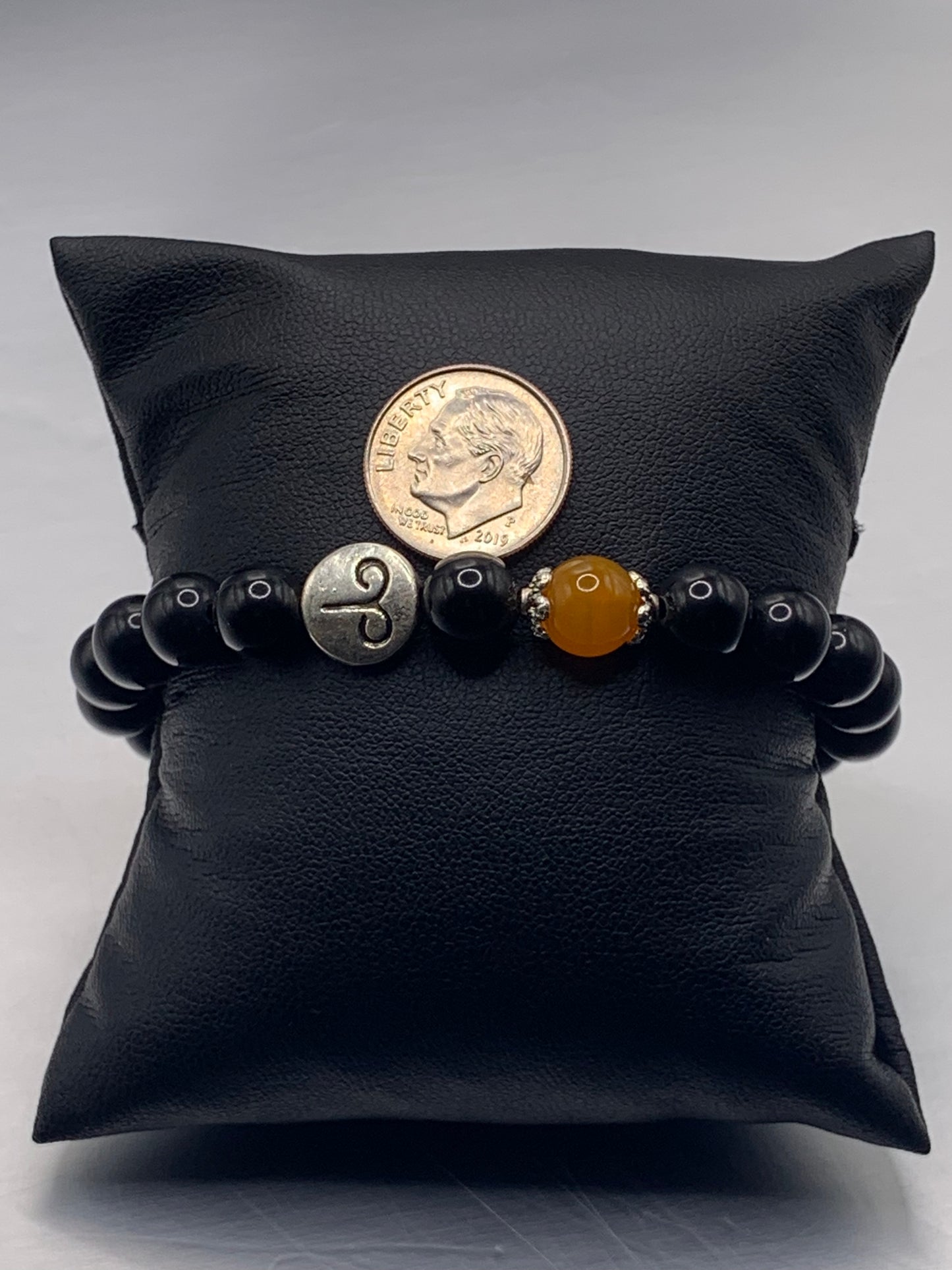 Aries Zodiac black obsidian with orange agate semi precious stone/crystal elastic beaded bracelet with silver accents