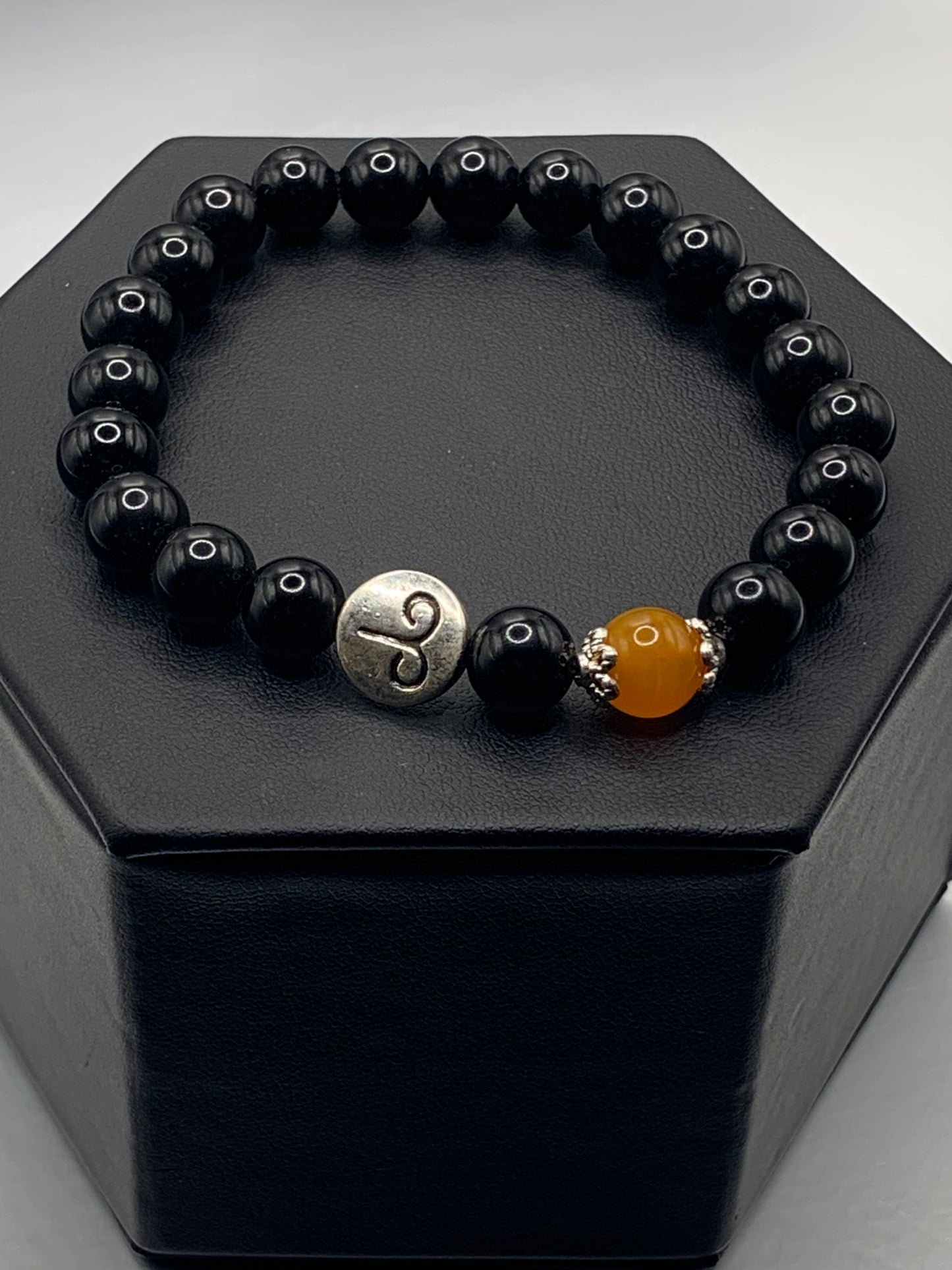 Aries Zodiac black obsidian with orange agate semi precious stone/crystal elastic beaded bracelet with silver accents