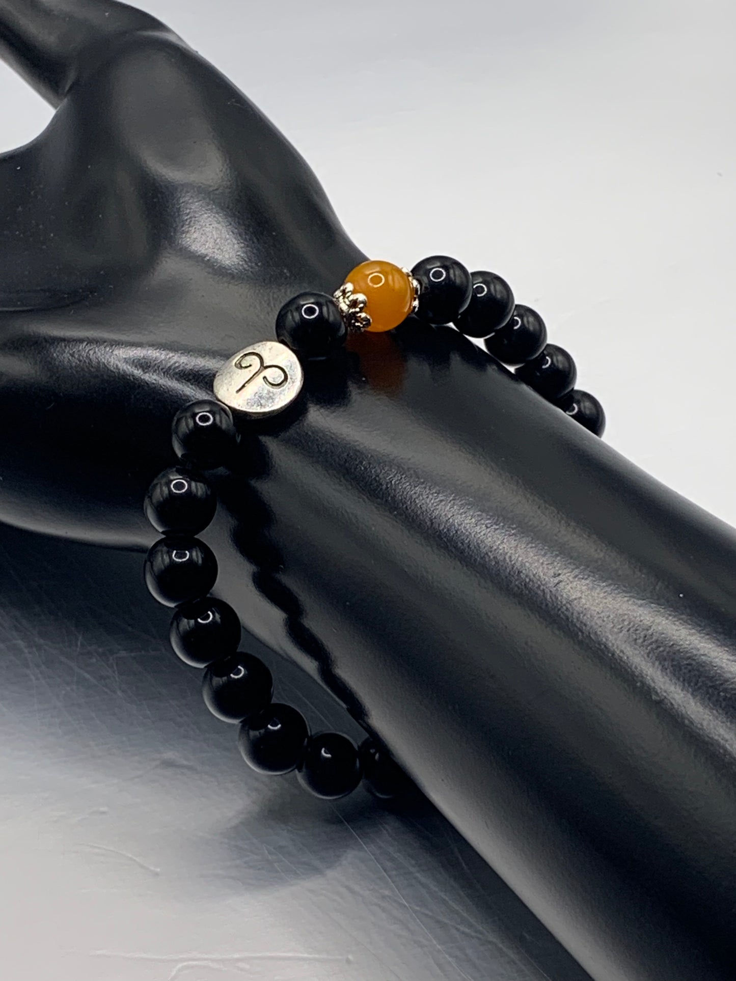 Aries Zodiac black obsidian with orange agate semi precious stone/crystal elastic beaded bracelet with silver accents