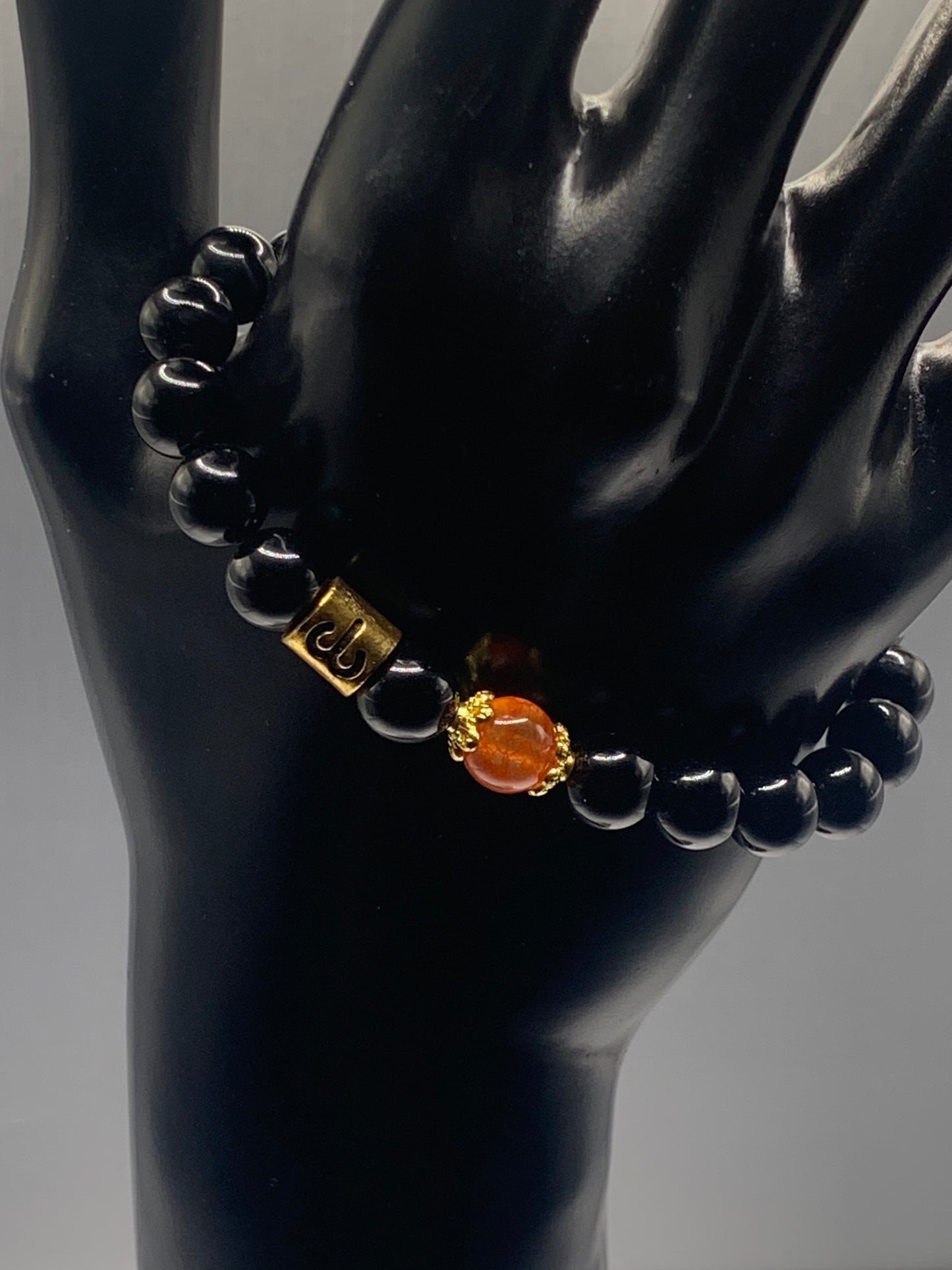 Aries Zodiac black obsidian with phoenix agate semi precious stone/crystal elastic beaded bracelet with gold accents
