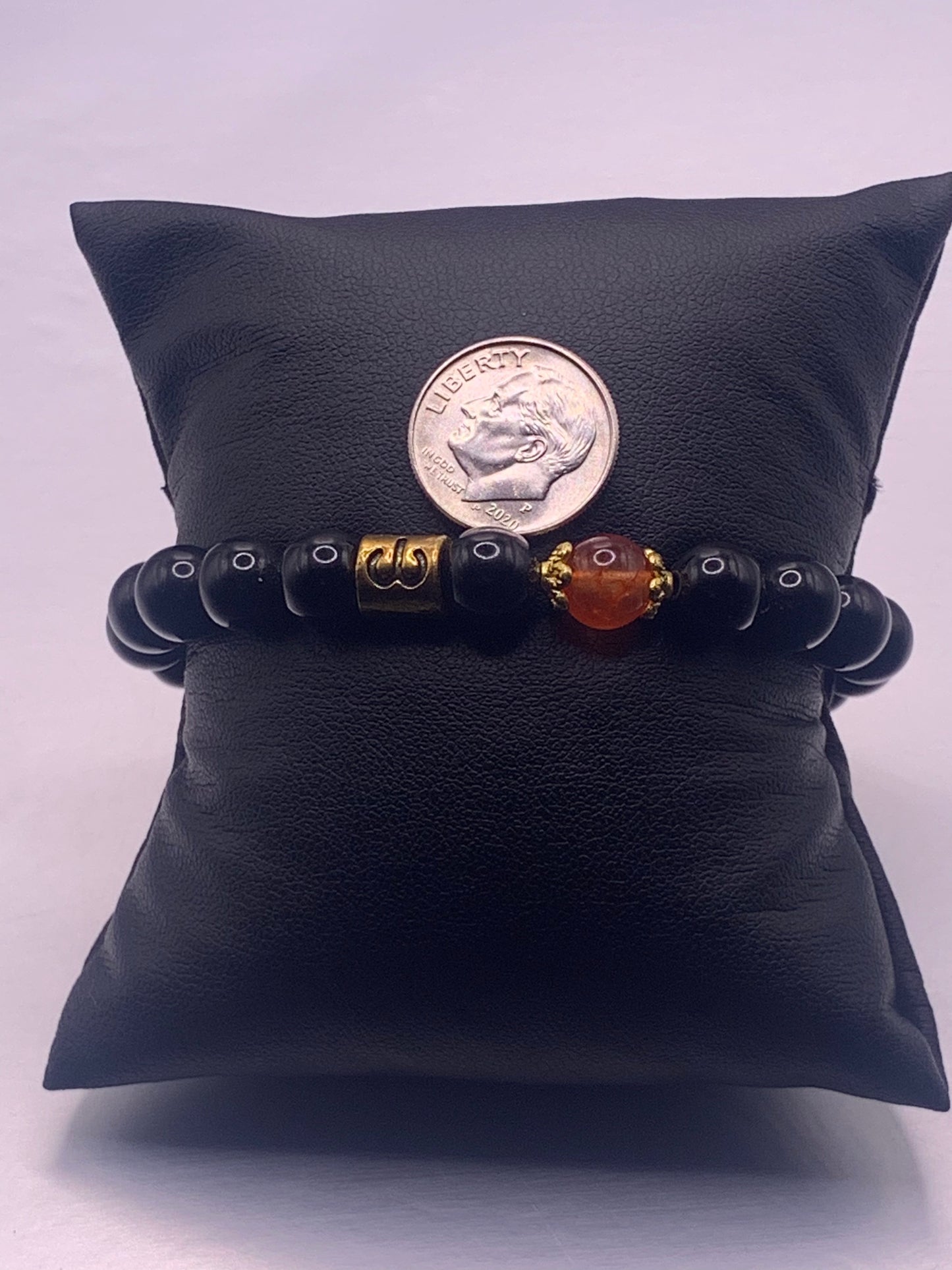 Aries Zodiac black obsidian with phoenix agate semi precious stone/crystal elastic beaded bracelet with gold accents