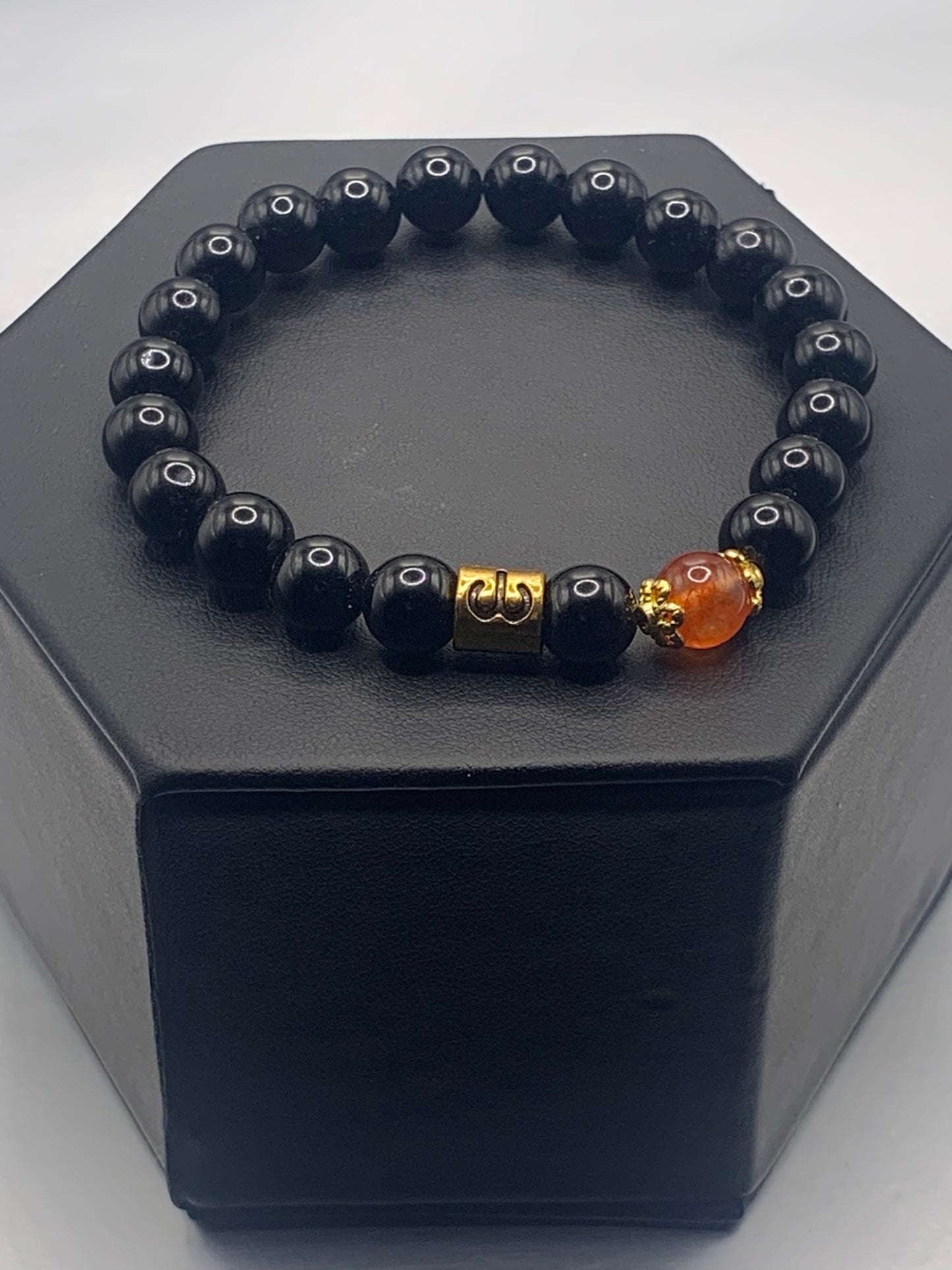 Aries Zodiac black obsidian with phoenix agate semi precious stone/crystal elastic beaded bracelet with gold accents