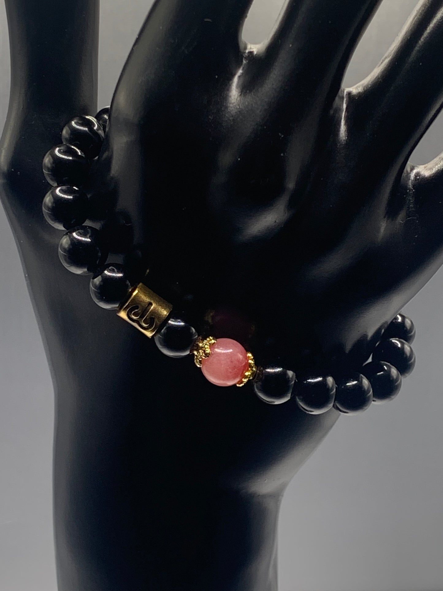 Aries Zodiac black obsidian with pink chalcedony semi precious stone/crystal elastic beaded bracelet with gold accents