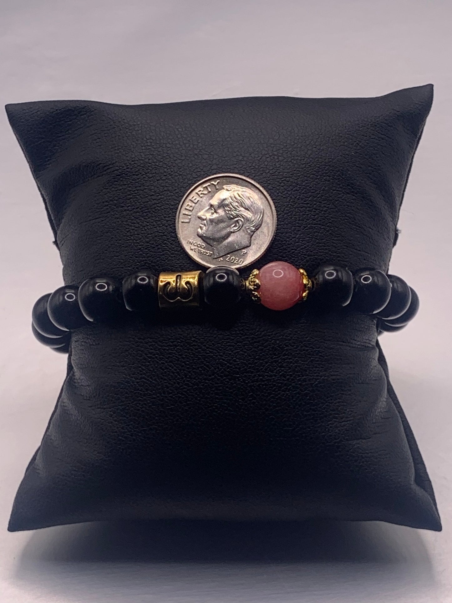 Aries Zodiac black obsidian with pink chalcedony semi precious stone/crystal elastic beaded bracelet with gold accents