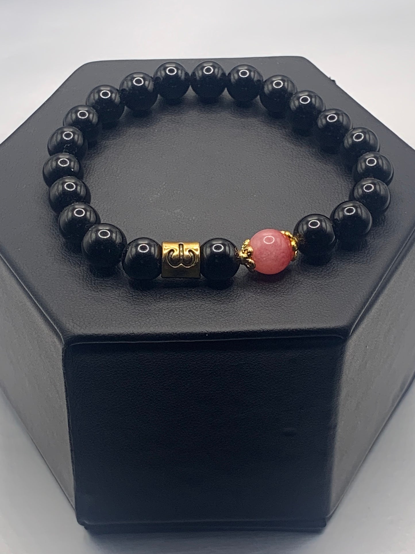 Aries Zodiac black obsidian with pink chalcedony semi precious stone/crystal elastic beaded bracelet with gold accents