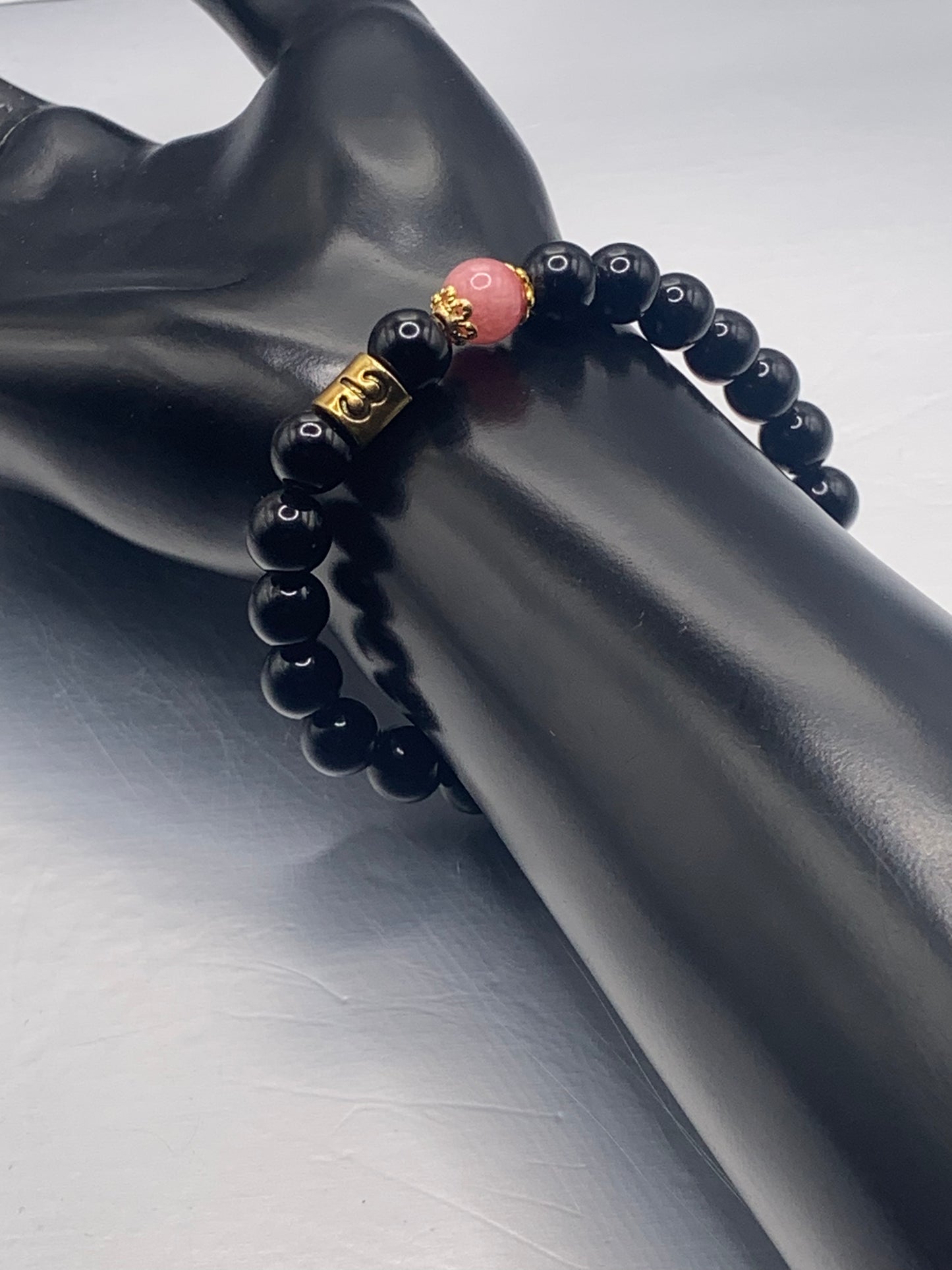 Aries Zodiac black obsidian with pink chalcedony semi precious stone/crystal elastic beaded bracelet with gold accents