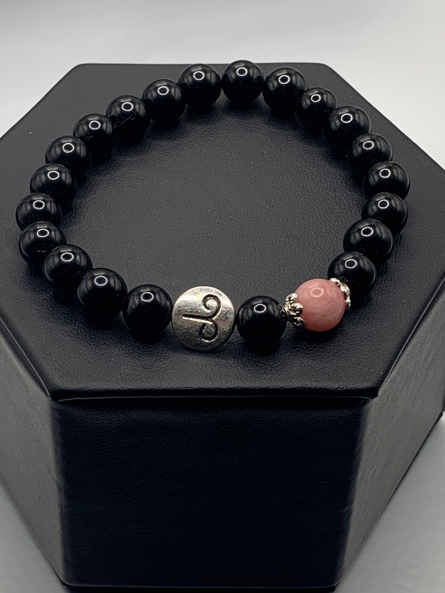 Aries Zodiac black obsidian with pink chalcedony semi precious stone/crystal elastic beaded bracelet with silver accents