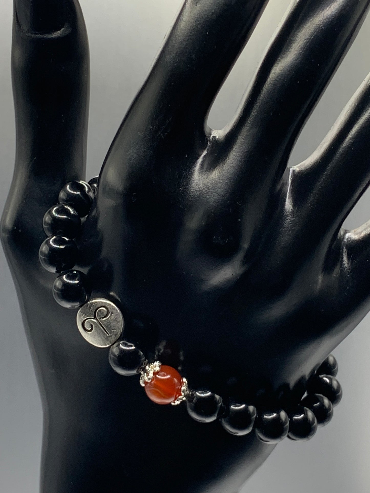Aries Zodiac black obsidian with red agate semi precious stone/crystal elastic beaded bracelet with silver accents
