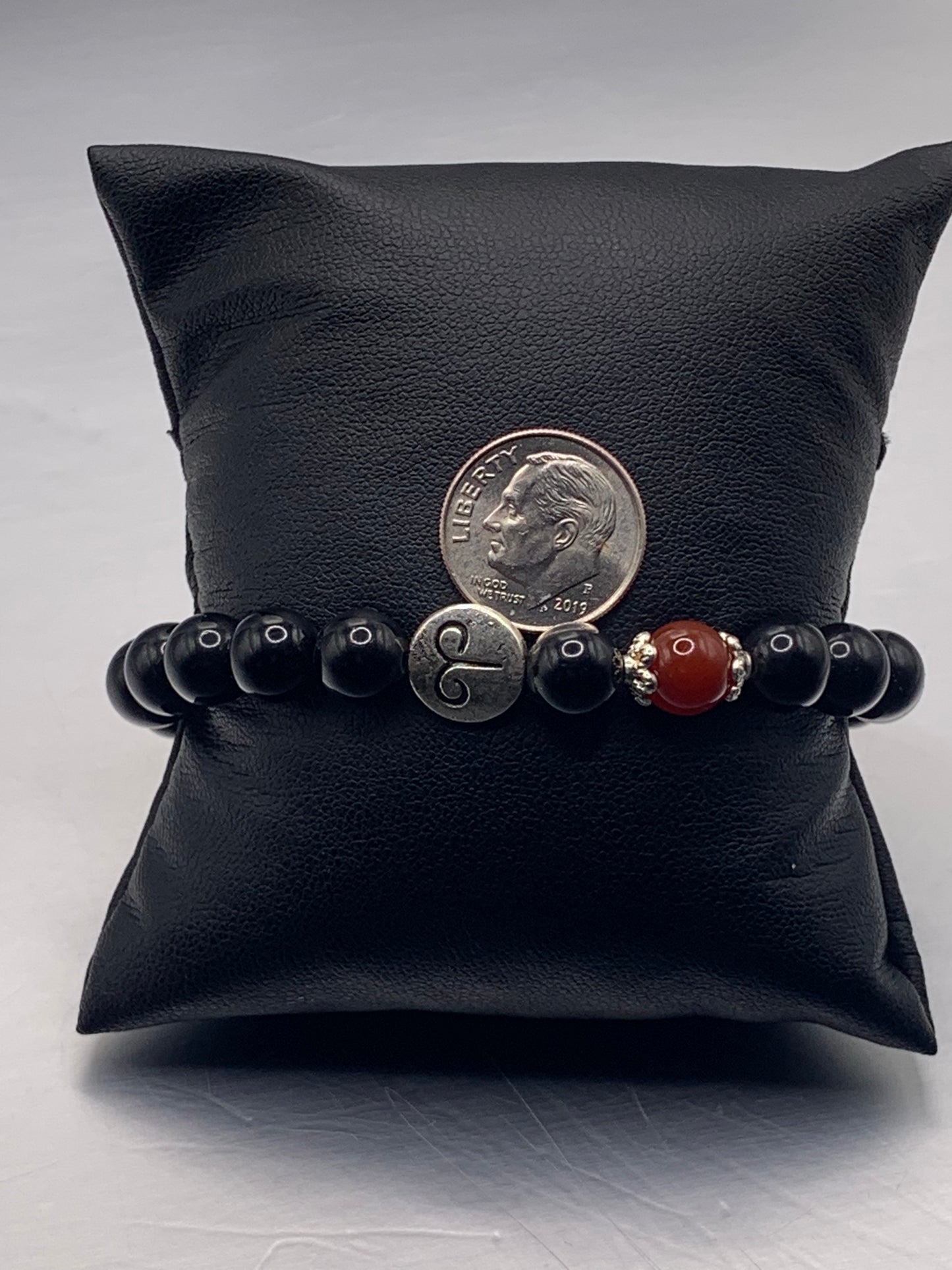 Aries Zodiac black obsidian with red agate semi precious stone/crystal elastic beaded bracelet with silver accents