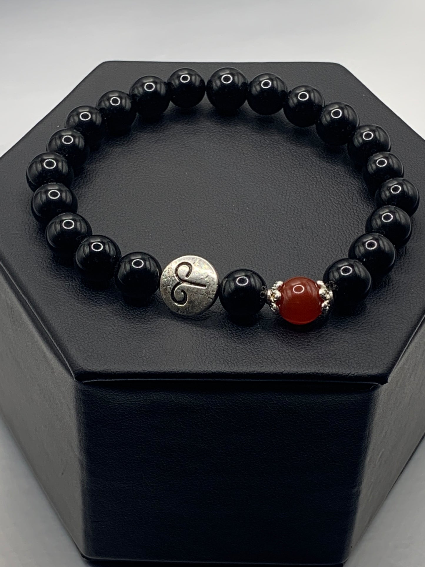 Aries Zodiac black obsidian with red agate semi precious stone/crystal elastic beaded bracelet with silver accents