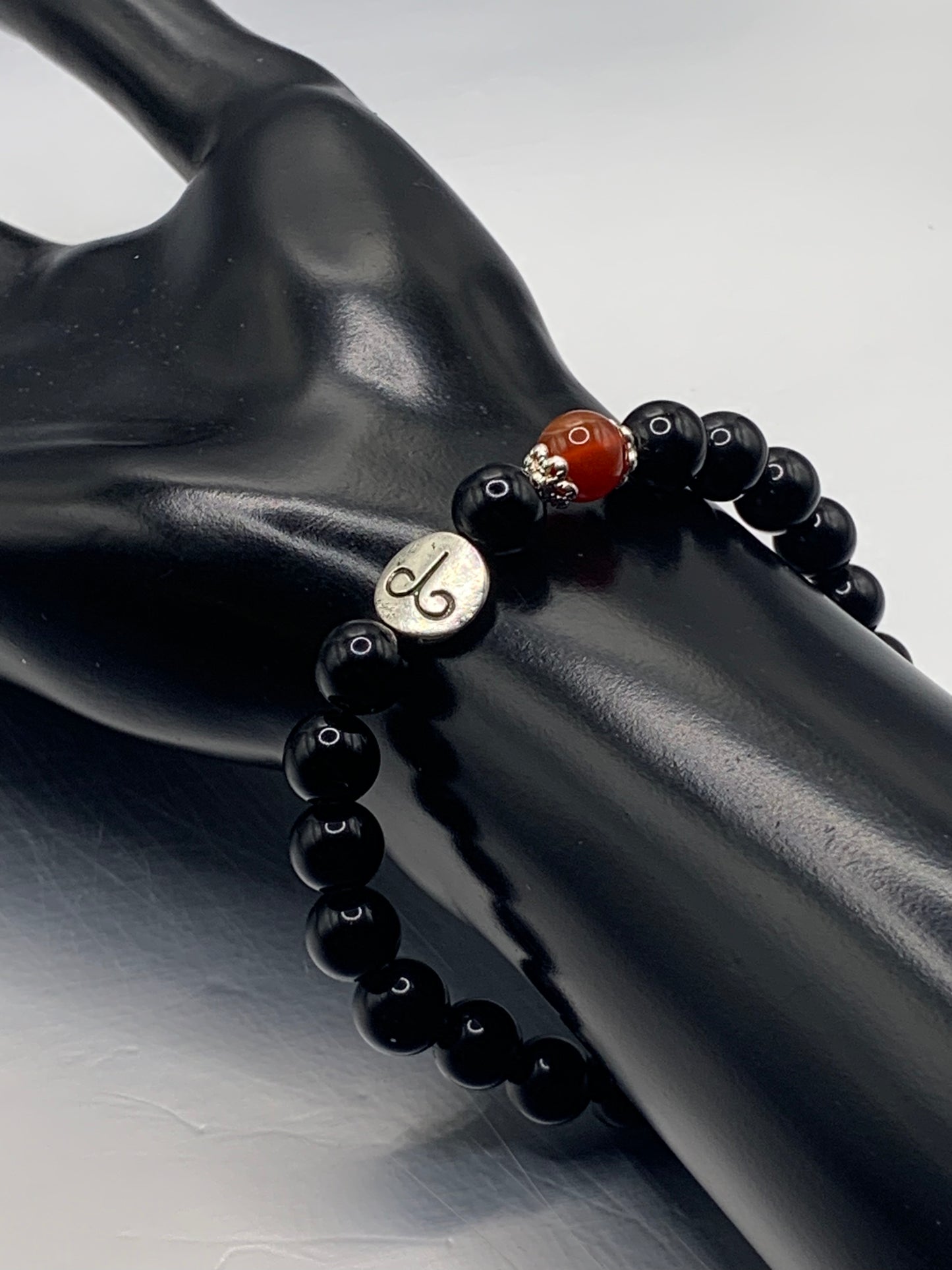 Aries Zodiac black obsidian with red agate semi precious stone/crystal elastic beaded bracelet with silver accents