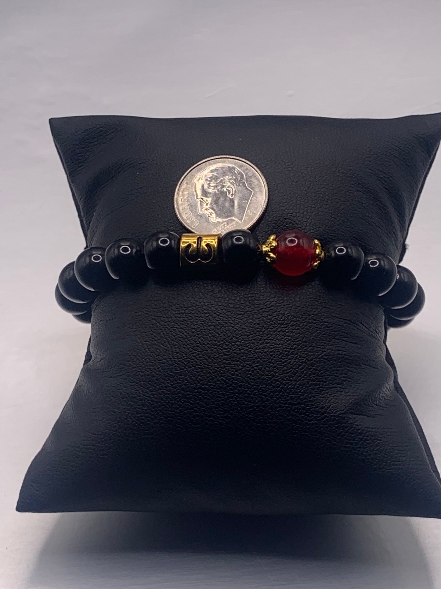 Aries Zodiac black obsidian with red chalcedony semi precious stone/crystal elastic beaded bracelet with gold accents