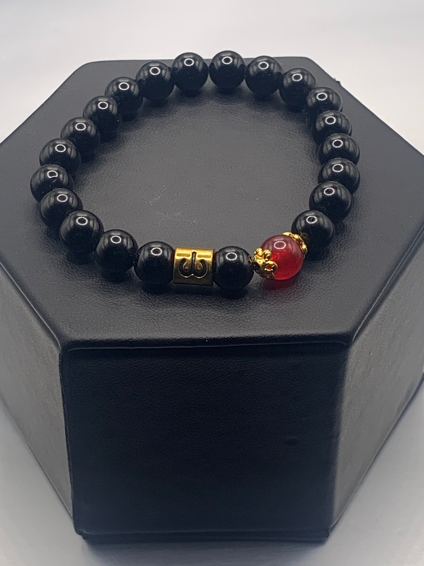 Aries Zodiac black obsidian with red chalcedony semi precious stone/crystal elastic beaded bracelet with gold accents