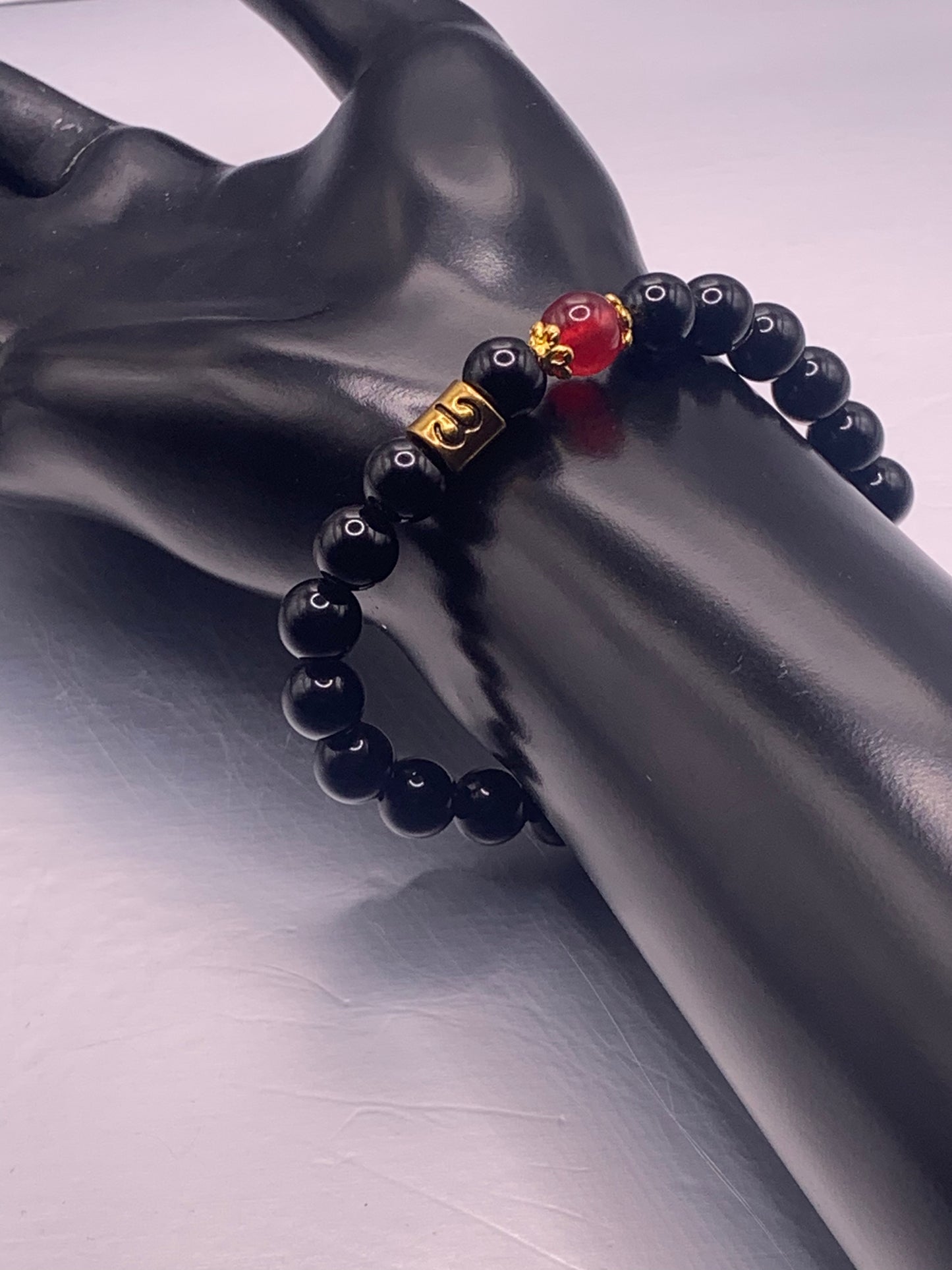 Aries Zodiac black obsidian with red chalcedony semi precious stone/crystal elastic beaded bracelet with gold accents