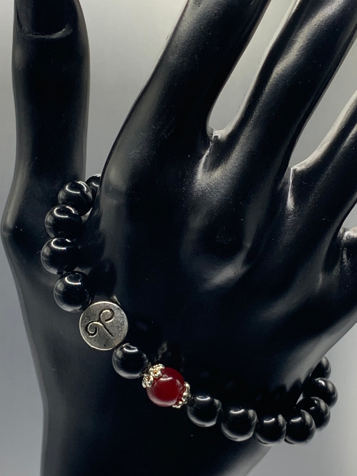 Aries Zodiac black obsidian with red chalcedony semi precious stone/crystal elastic beaded bracelet with silver accents