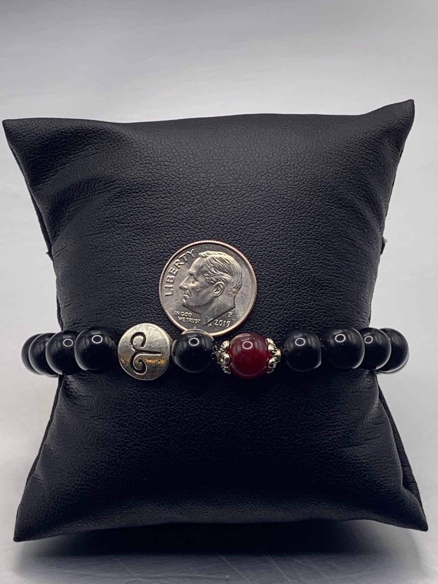 Aries Zodiac black obsidian with red chalcedony semi precious stone/crystal elastic beaded bracelet with silver accents