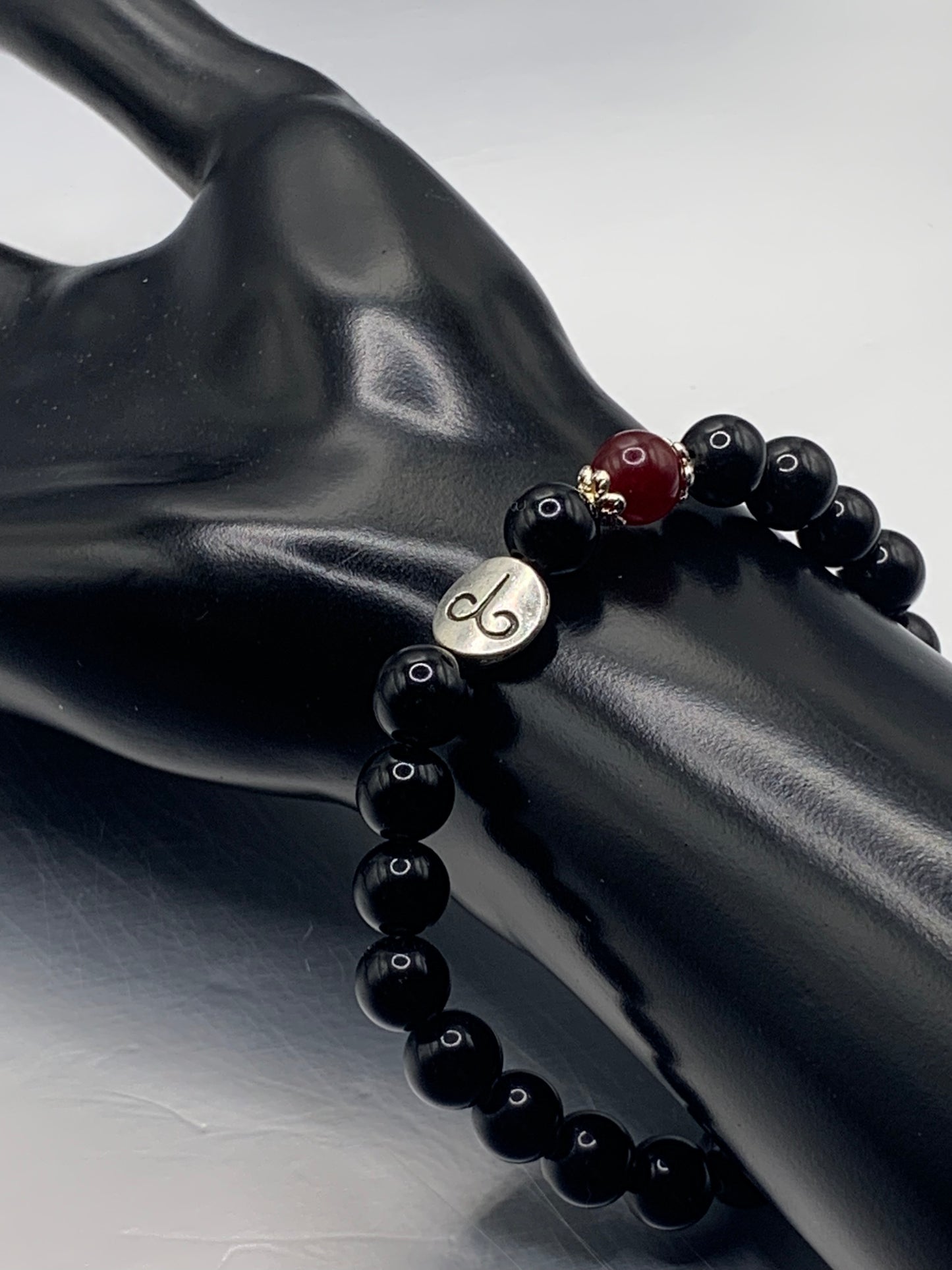 Aries Zodiac black obsidian with red chalcedony semi precious stone/crystal elastic beaded bracelet with silver accents