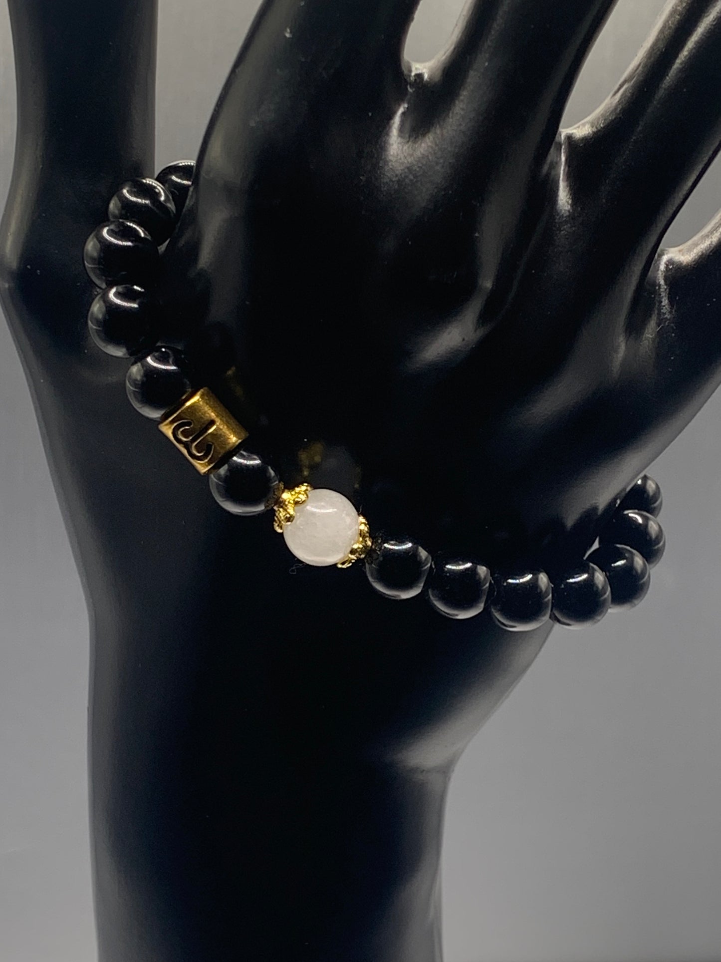 Aries Zodiac black obsidian with white chalcedony semi precious stone/crystal elastic beaded bracelet with gold accents