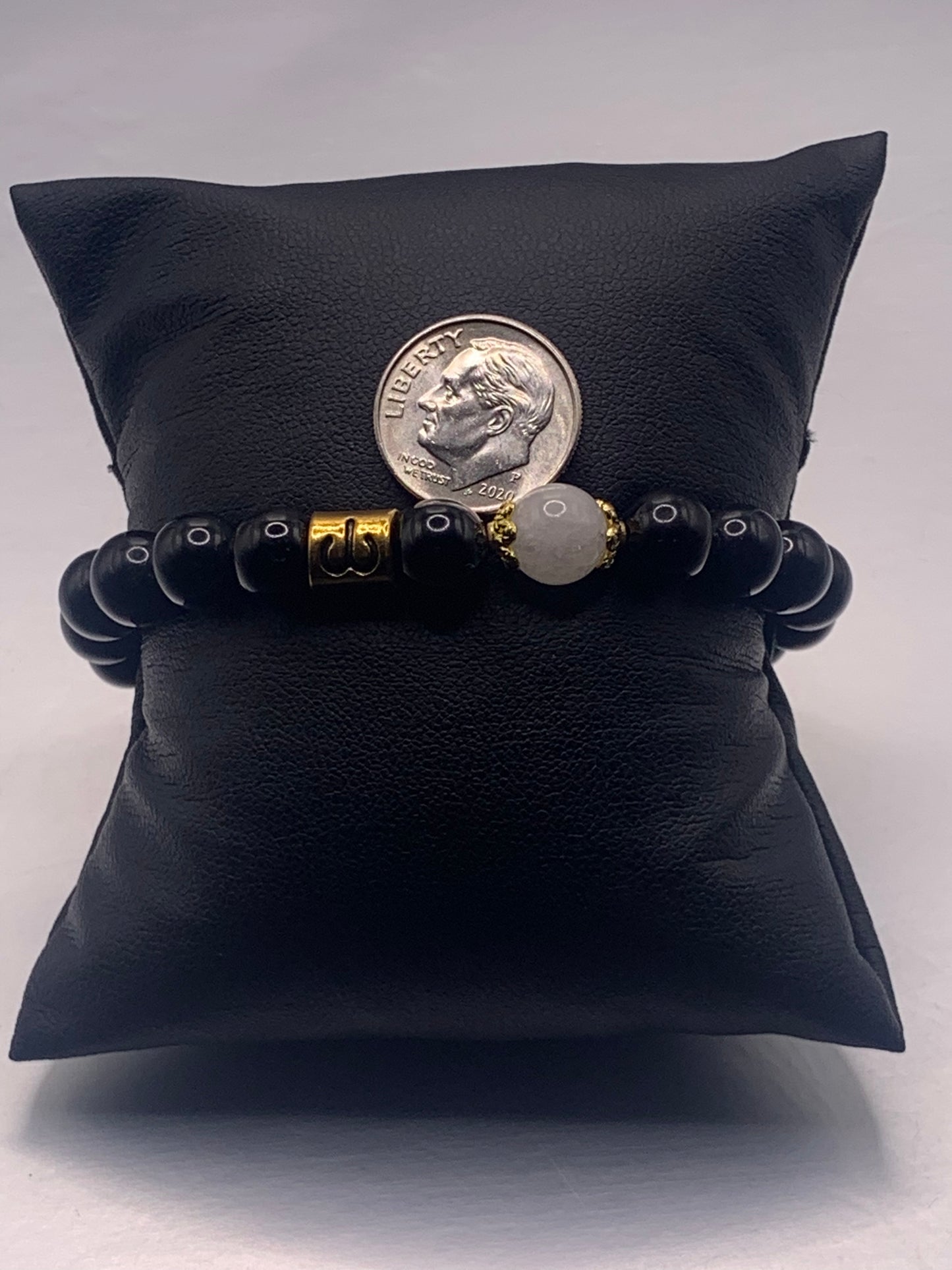 Aries Zodiac black obsidian with white chalcedony semi precious stone/crystal elastic beaded bracelet with gold accents