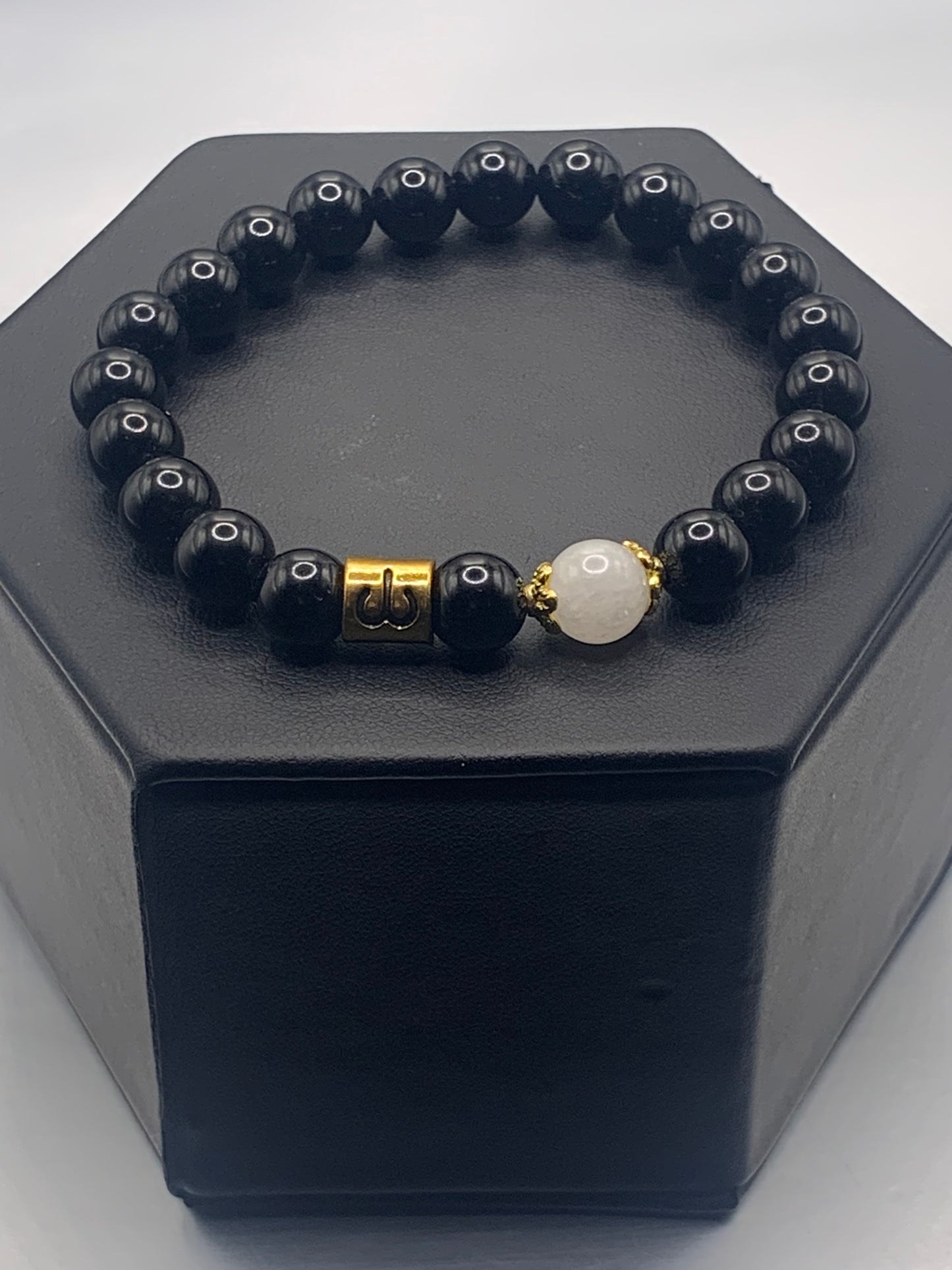 Aries Zodiac black obsidian with white chalcedony semi precious stone/crystal elastic beaded bracelet with gold accents