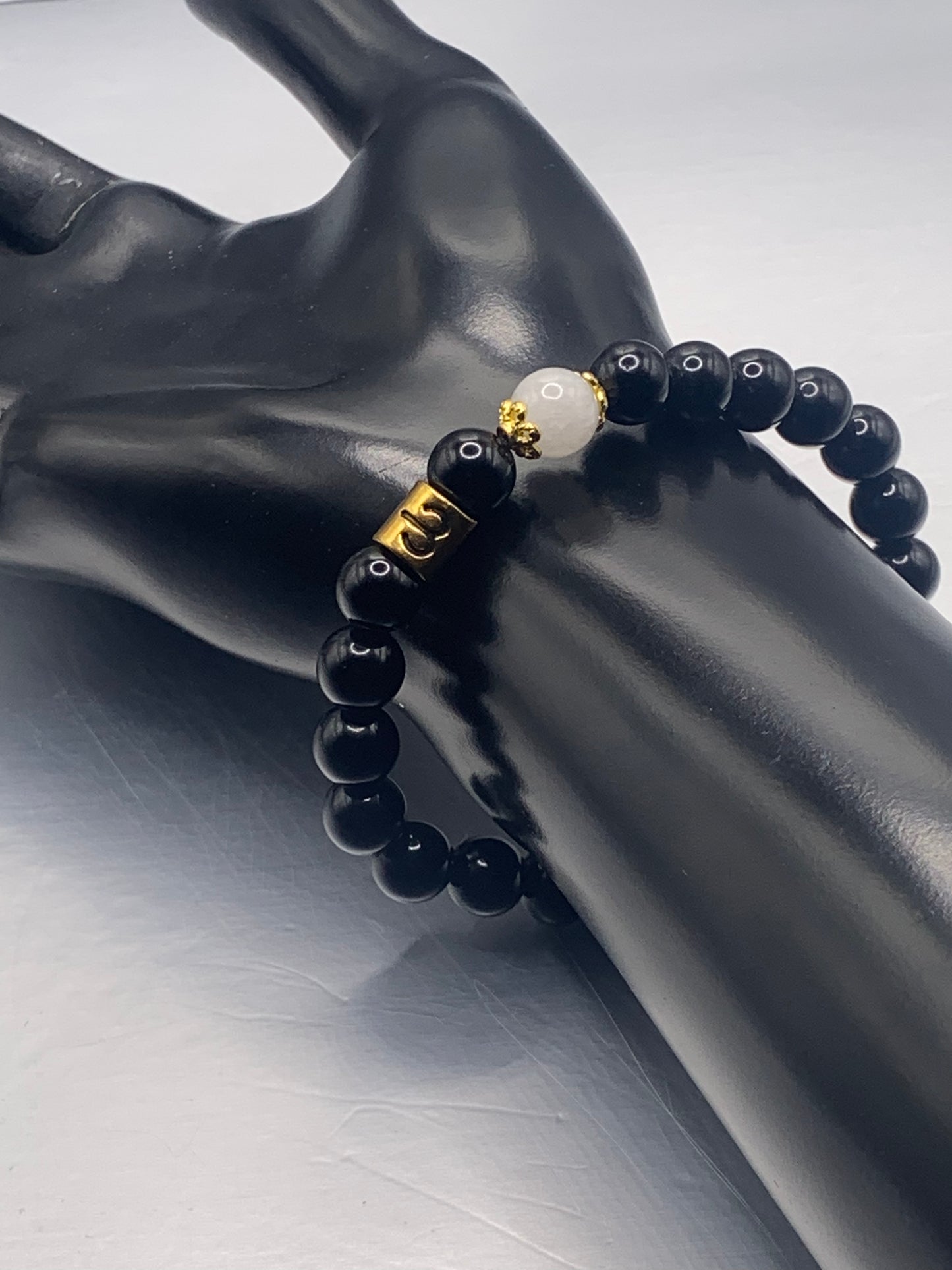 Aries Zodiac black obsidian with white chalcedony semi precious stone/crystal elastic beaded bracelet with gold accents